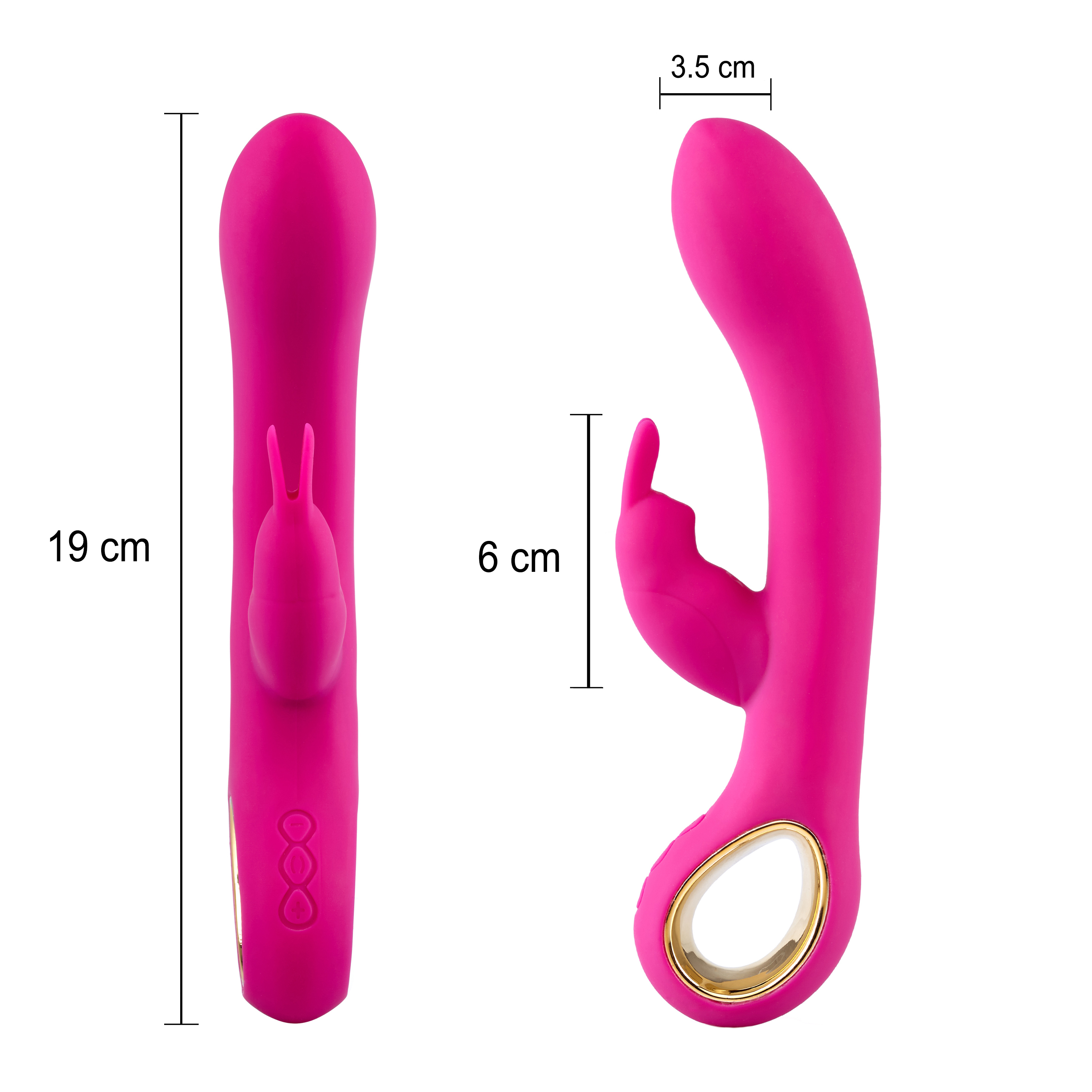 Vibrador rosa con dimensiones, con forma curva y un anillo dorado.