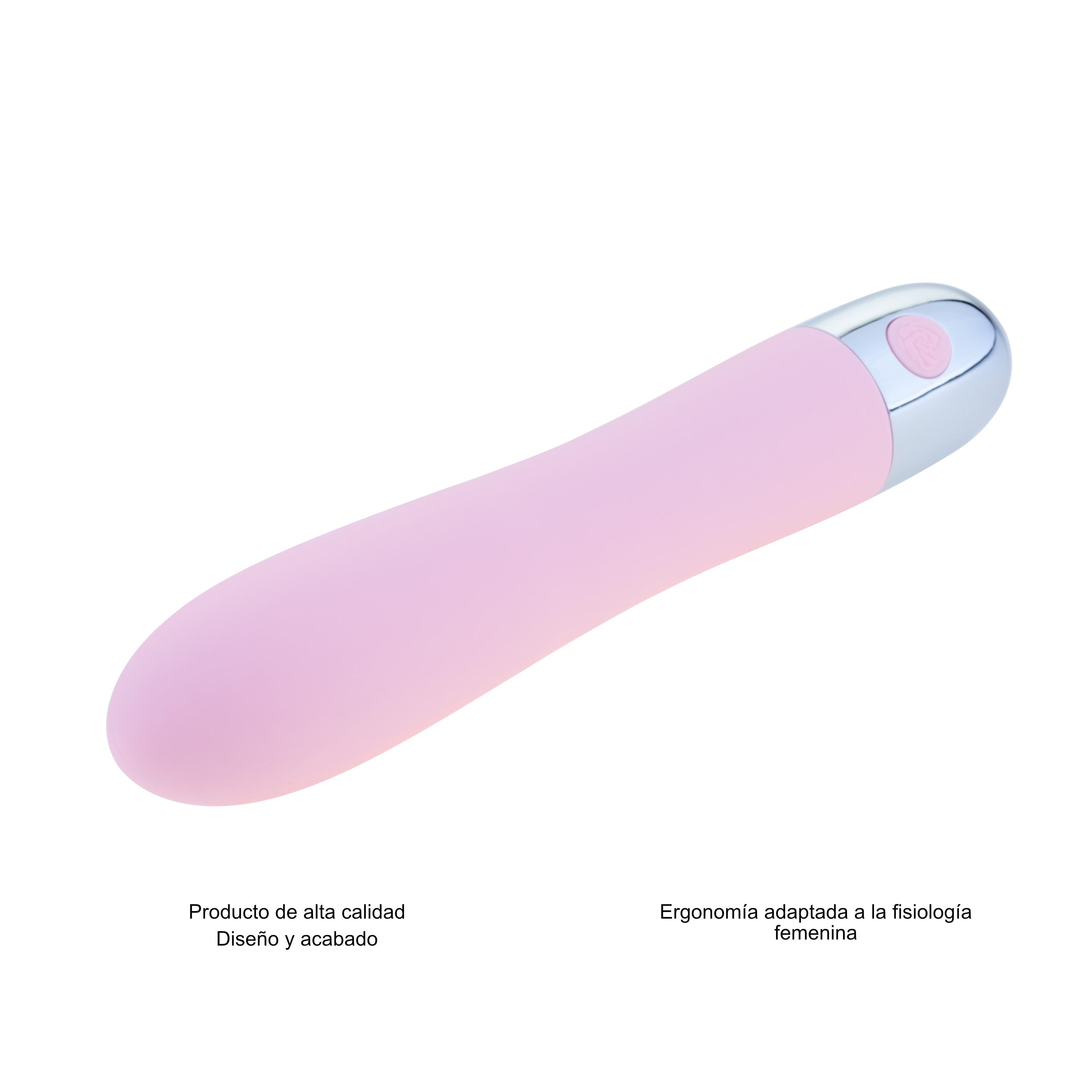 Juguete sexual rosa. Botón plateado en el extremo. Texto en la parte inferior. Fondo blanco.
