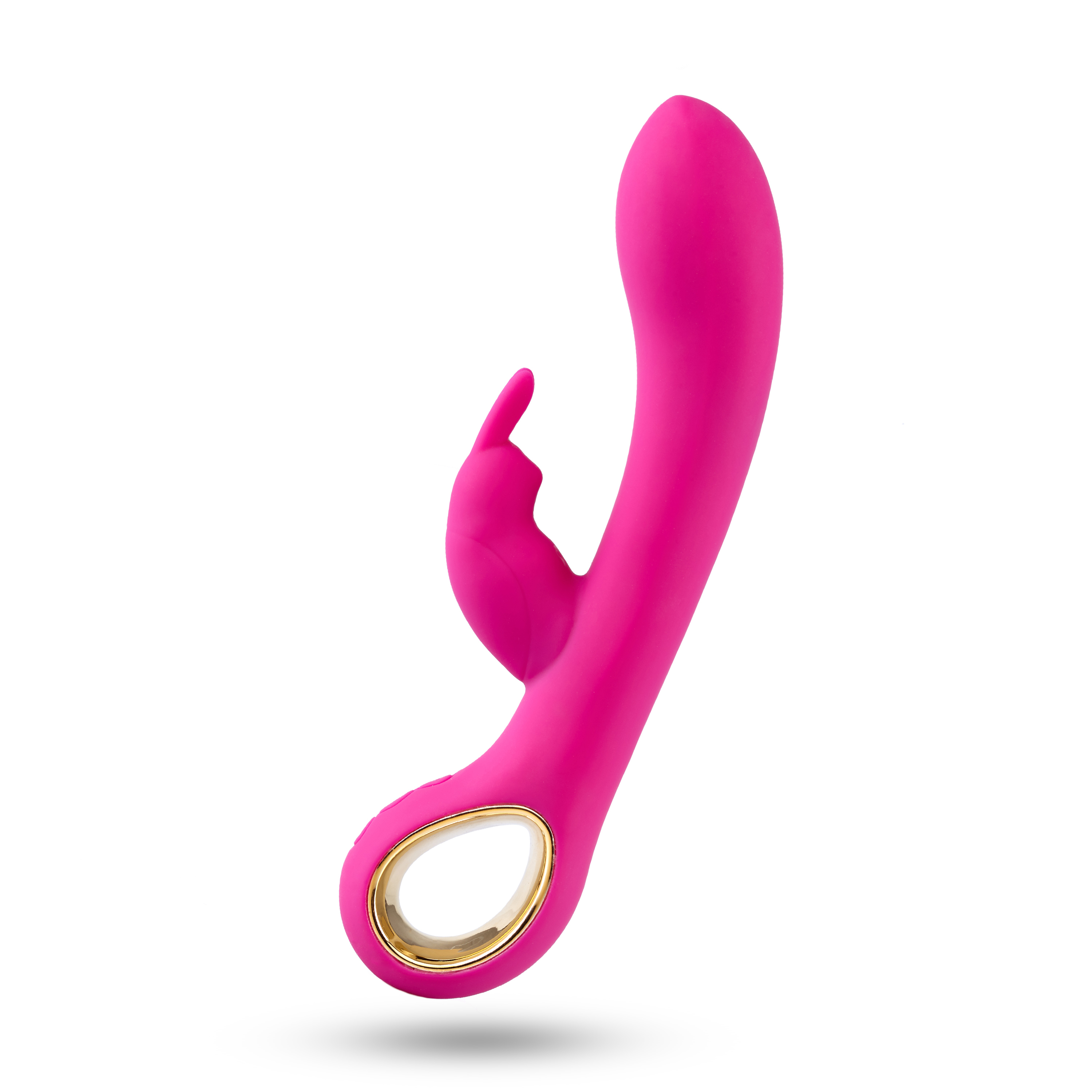 Juguete sexual rosa con extensión en forma de dedo y asa de bucle. Fondo blanco.