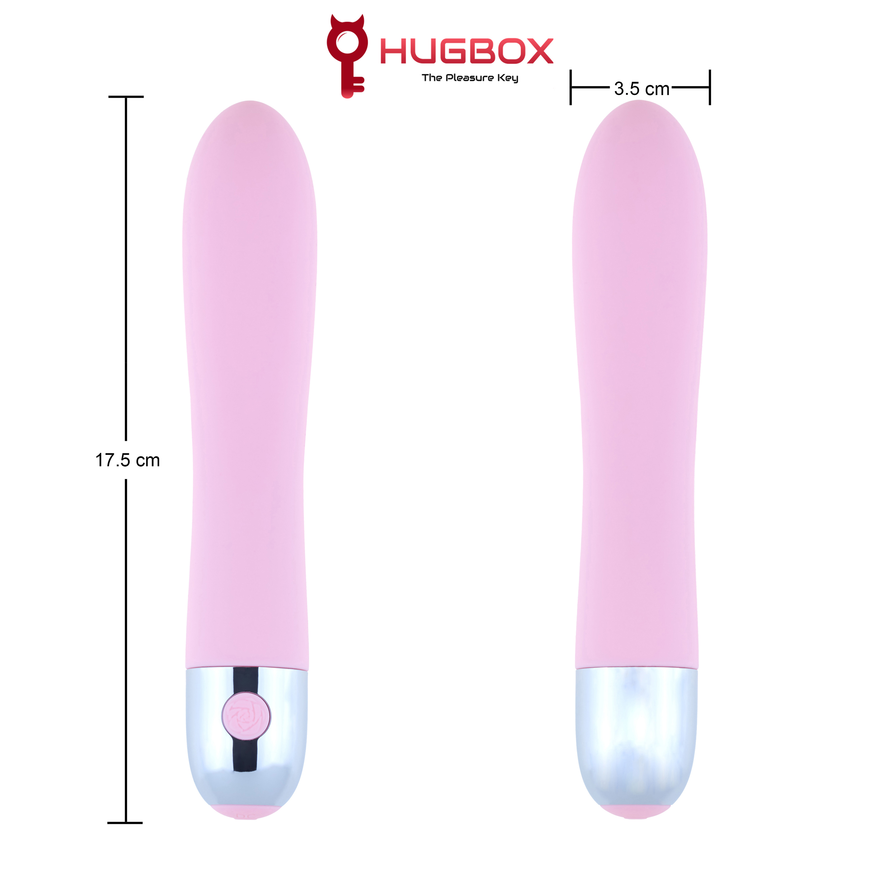 Vibrador rosa con forma alargada y base plateada, presentado desde dos ángulos.