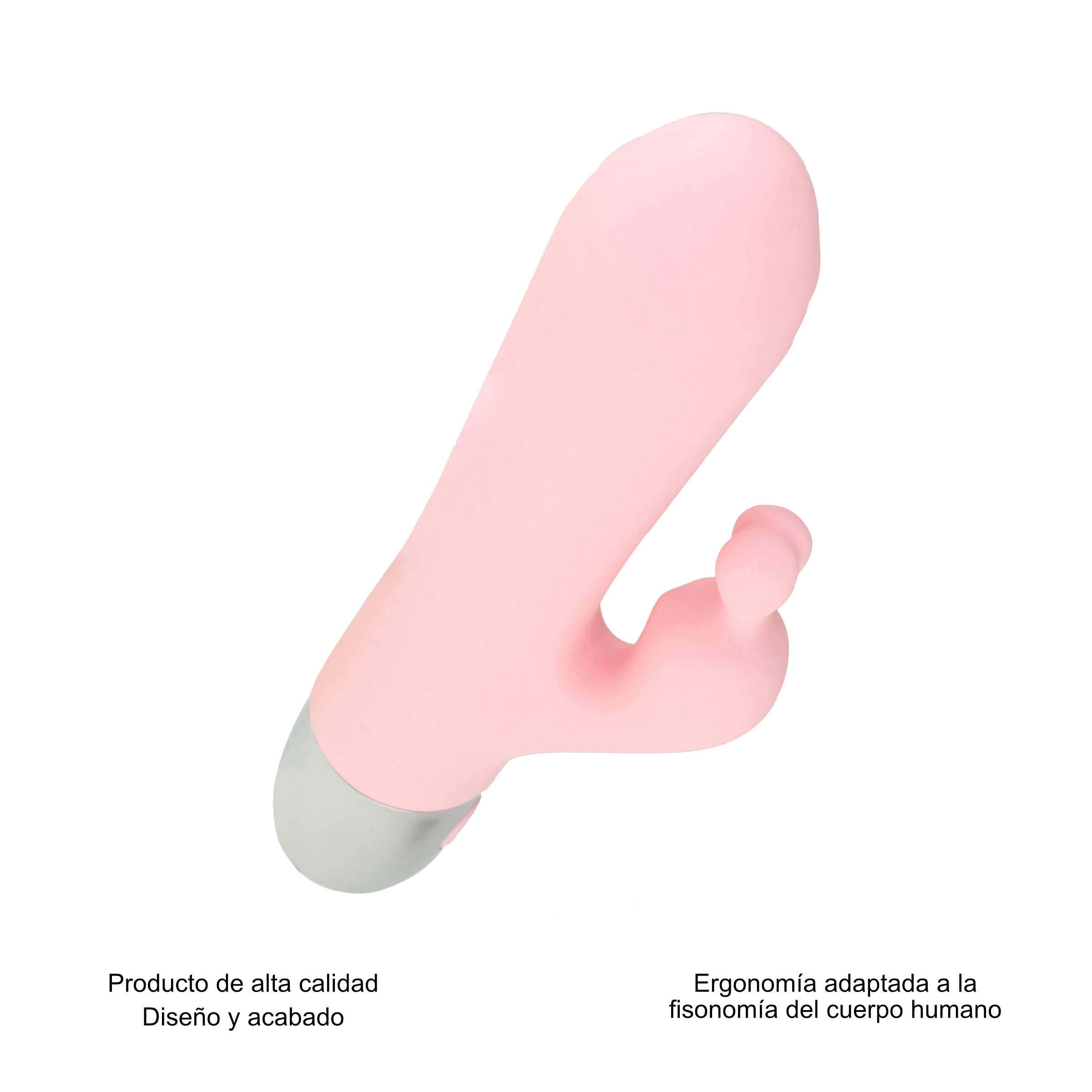 Juguete sexual rosa con texto. Diseñado para ergonomía corporal. Punta y base gris.