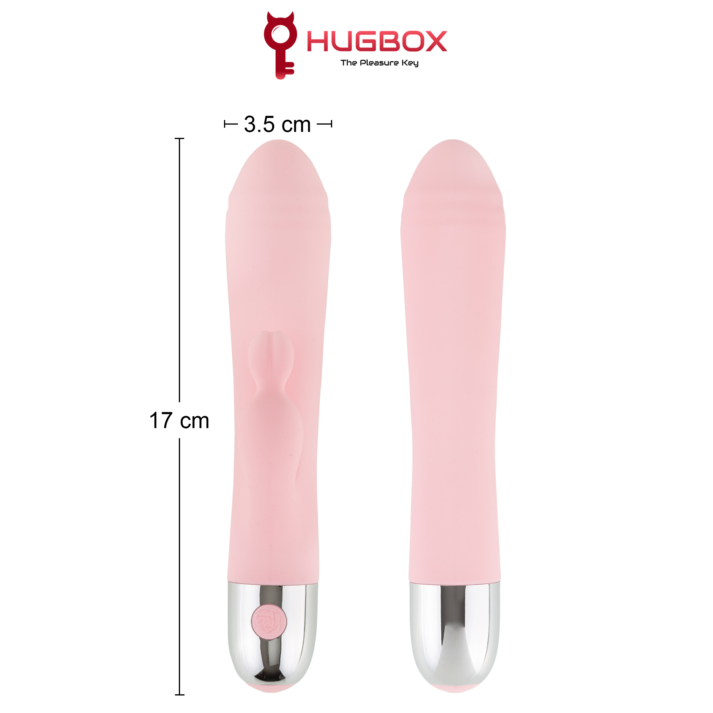 Dos vibradores rosas con formas suaves y acentos plateados, desde diferentes ángulos.