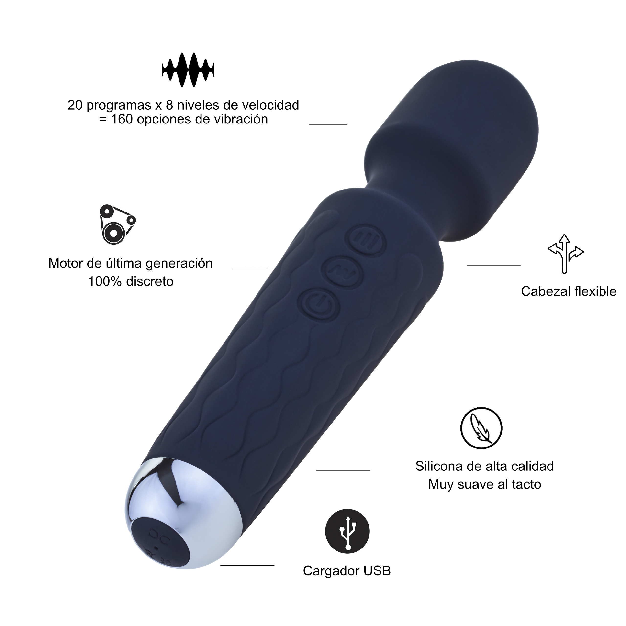 Vibrador azul oscuro con características etiquetadas, base plateada e icono de cargador USB.