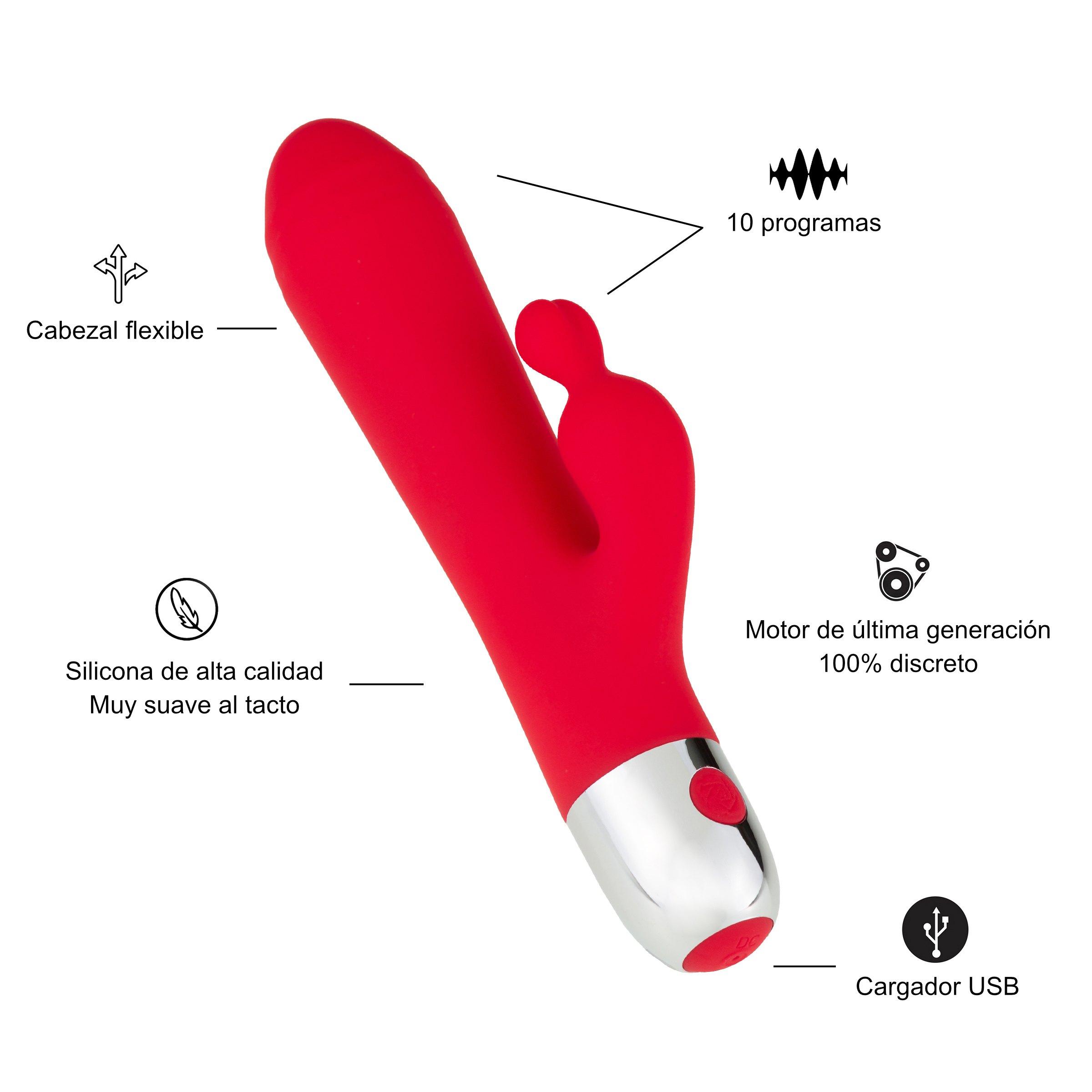 Vibrador rojo con características etiquetadas e icono de cargador USB, fondo blanco.