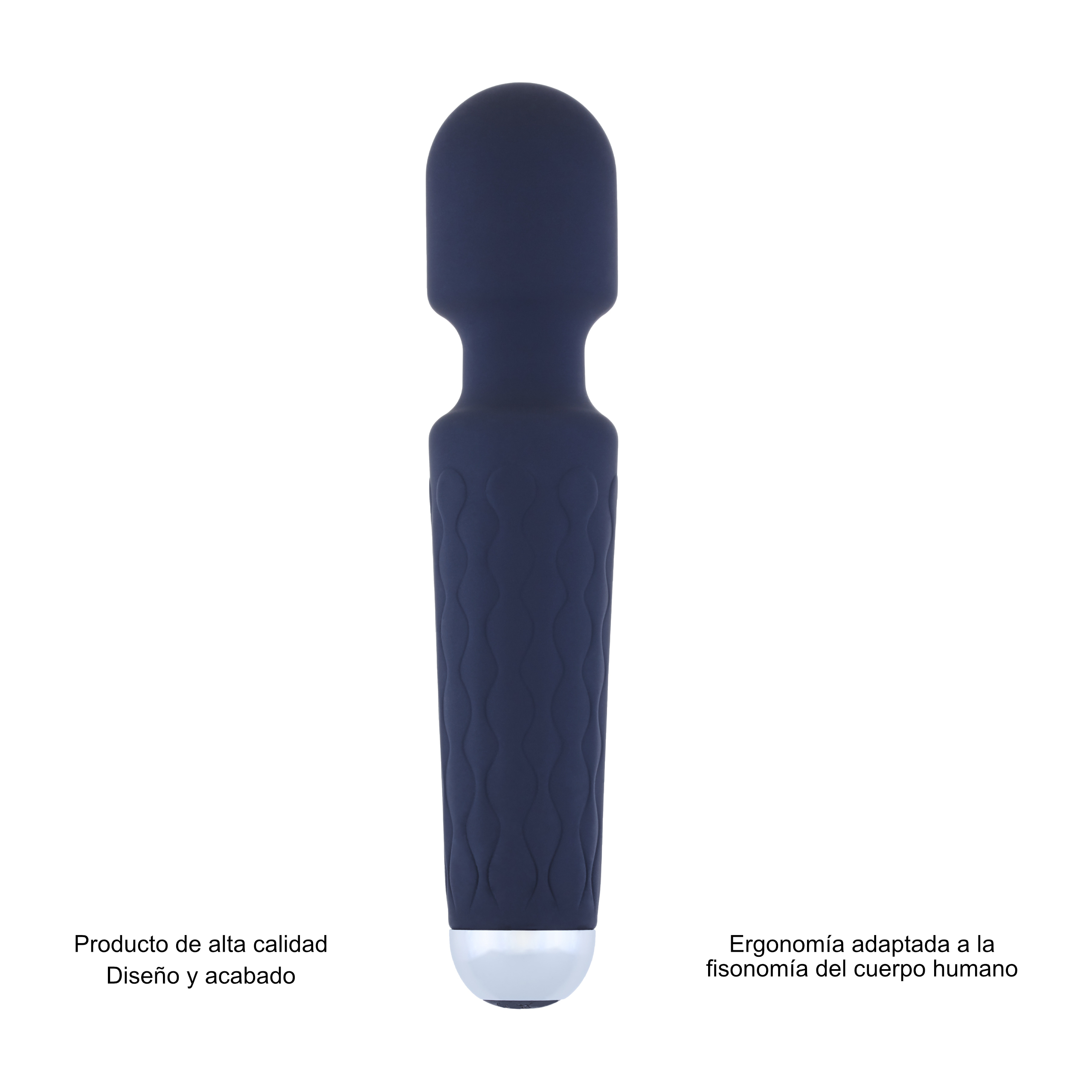 Vibrador azul oscuro con cabeza bulbosa y cuerpo texturizado, fondo blanco.