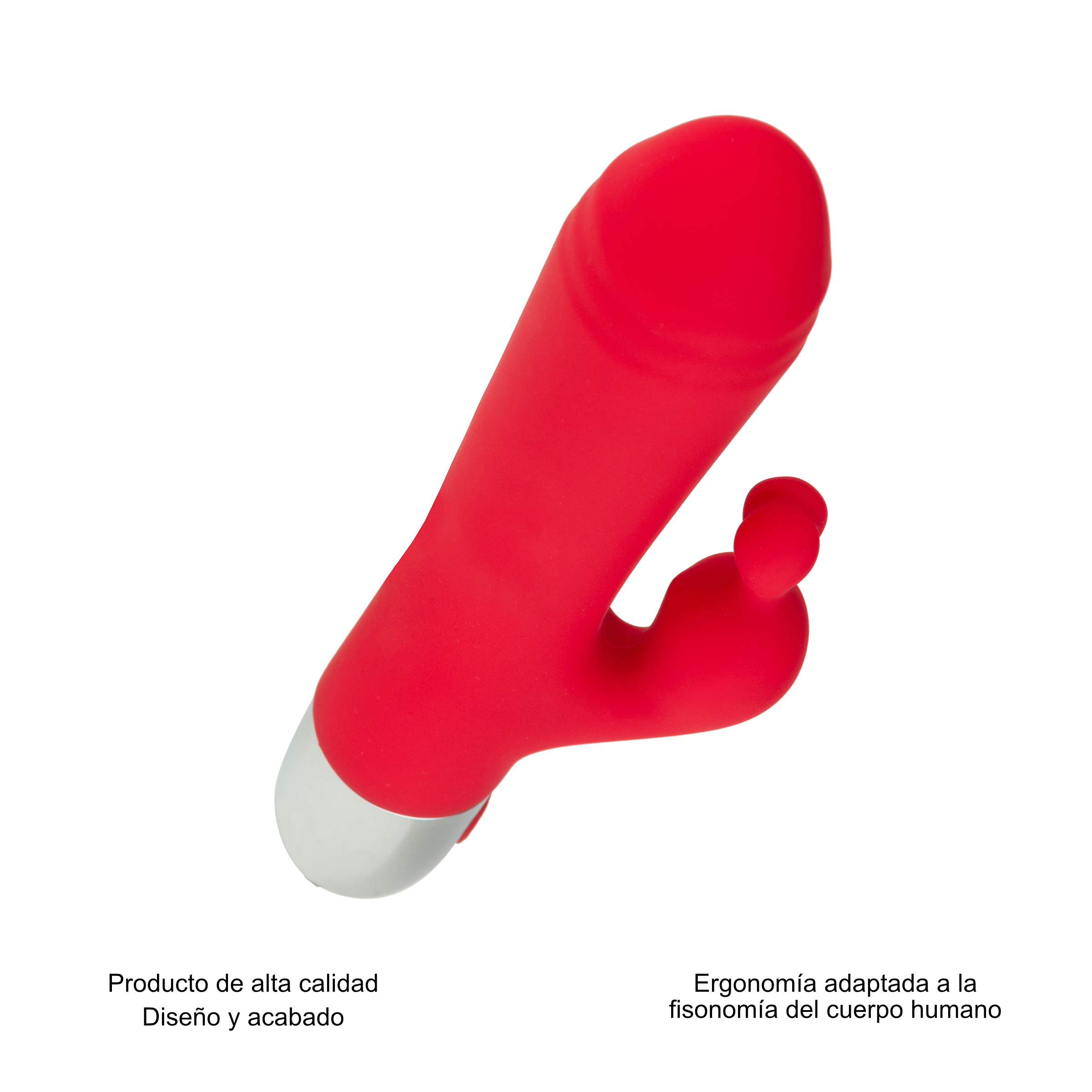 Vibrador rojo con forma curva y base blanca, sobre fondo blanco.