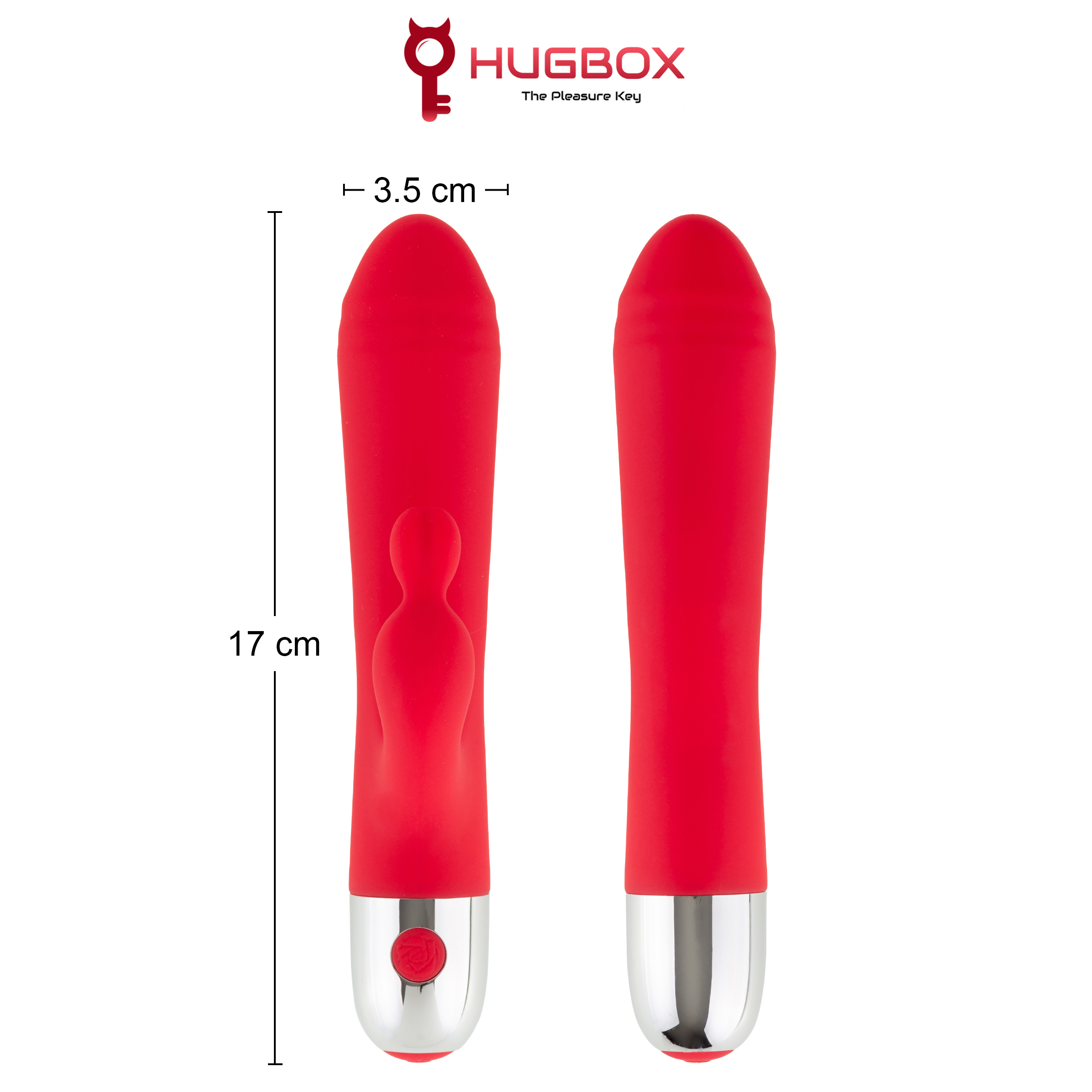 Dos juguetes sexuales rojos, 17 cm de largo, 3,5 cm de ancho, con base plateada. Fondo blanco con logo.