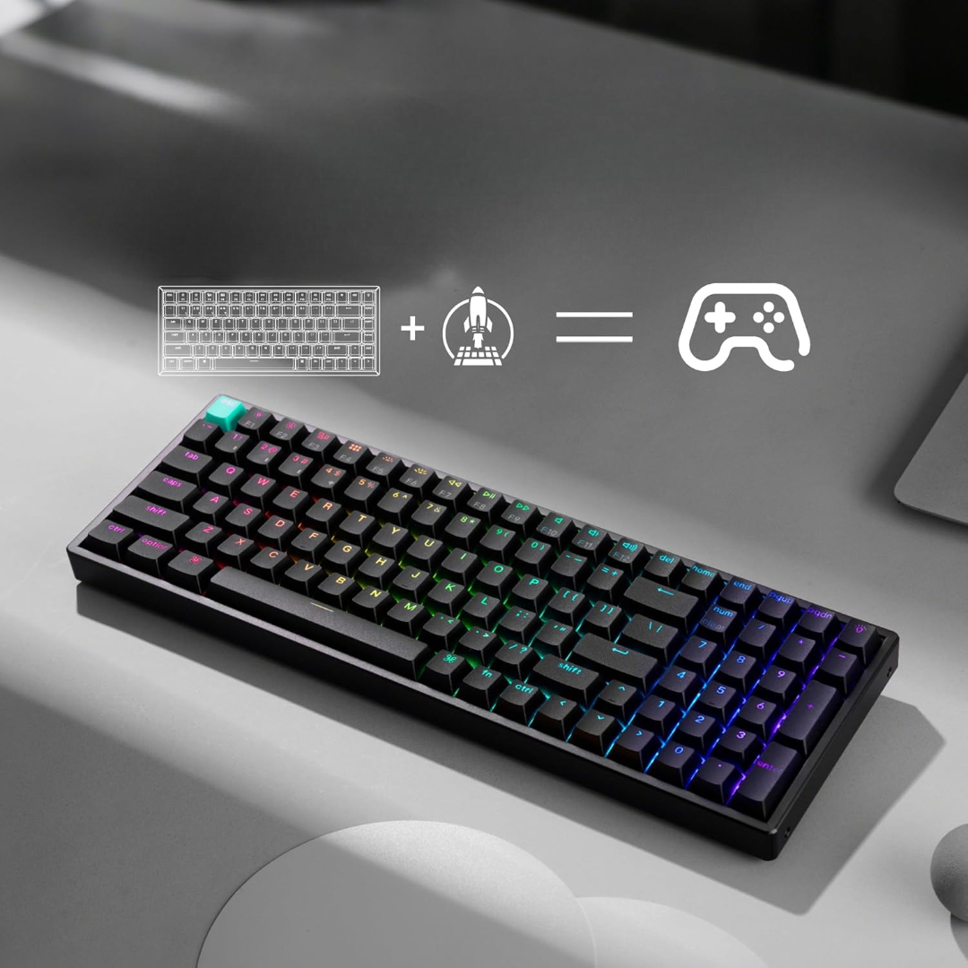 Czarna klawiatura z tęczowymi klawiszami, rakieta + klawiatura równa się ikona kontrolera.