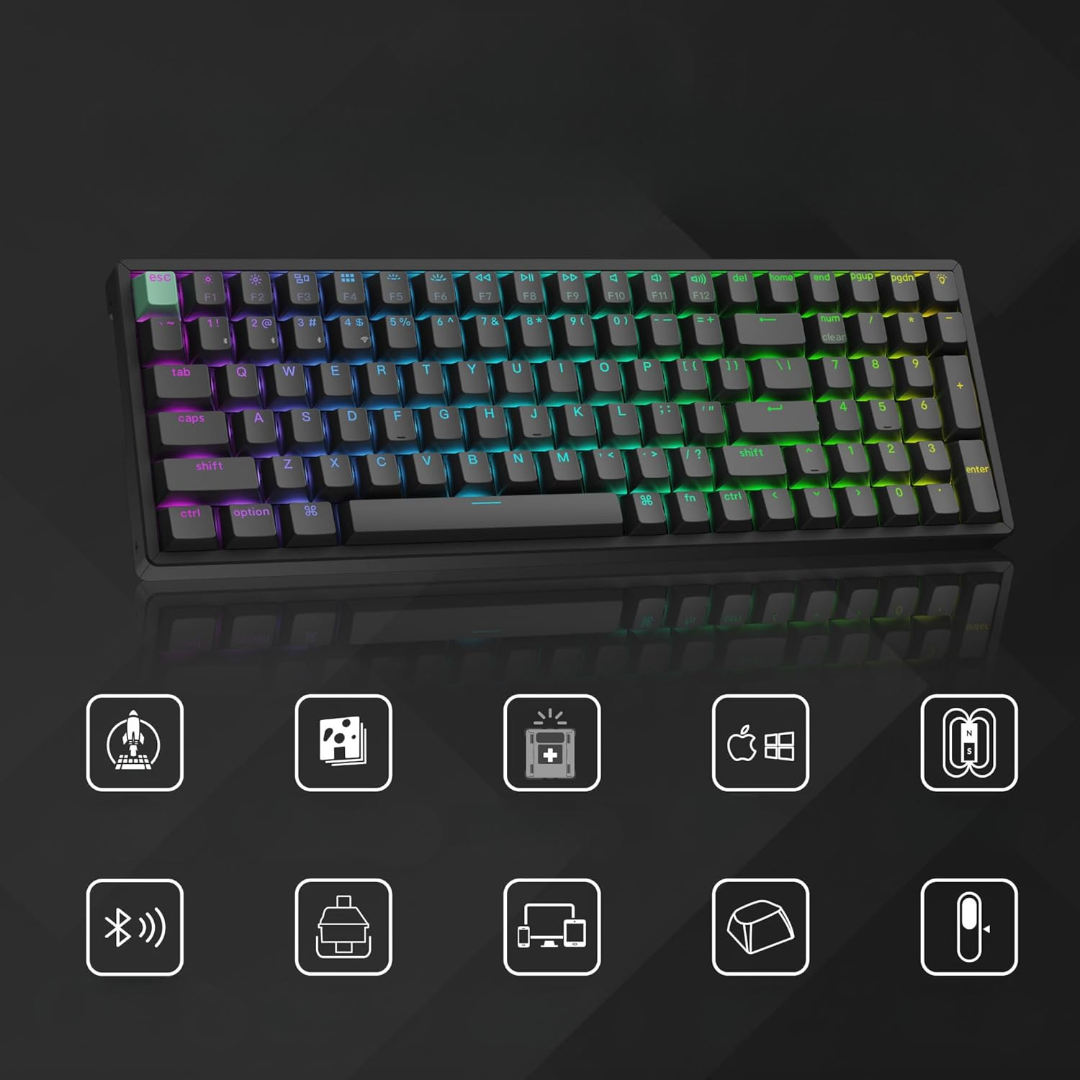 Czarna klawiatura z tęczowymi klawiszami i ikonami dla gier, apple, windows itp.