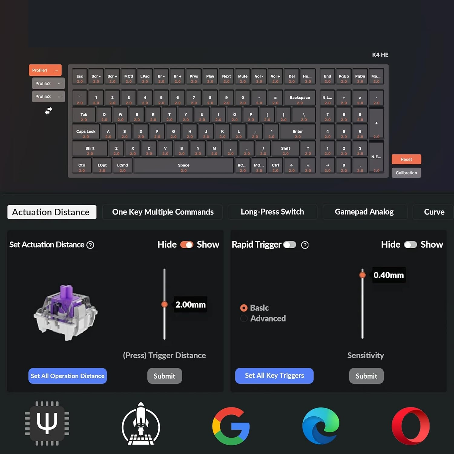 Interfejs pokazujący ustawienia klawiatury, w tym odległość aktywacji i triggery klawiszy.