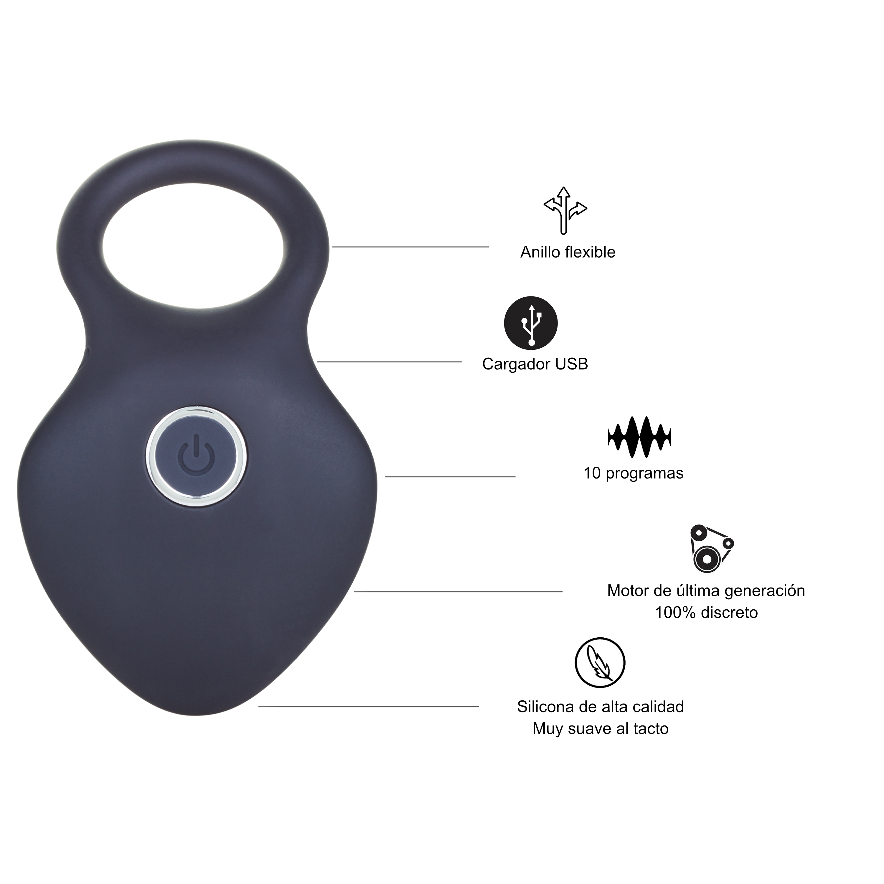 Vibrador negro en forma de anillo con botón de encendido y texto sobre funciones y programas.
