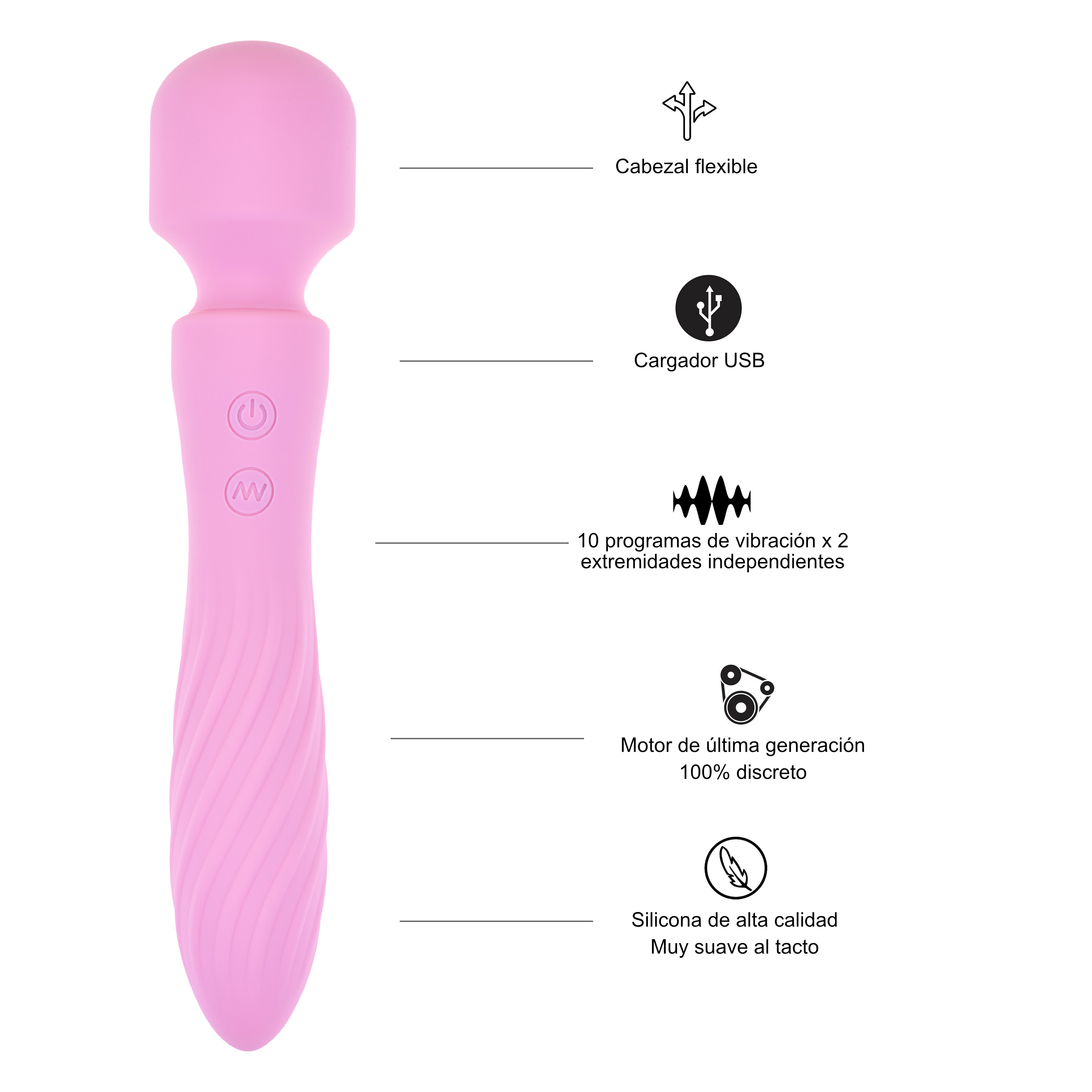Un masajeador de varilla rosa con cargador USB, 10 programas de vibración y silicona de alta calidad. Fondo blanco.