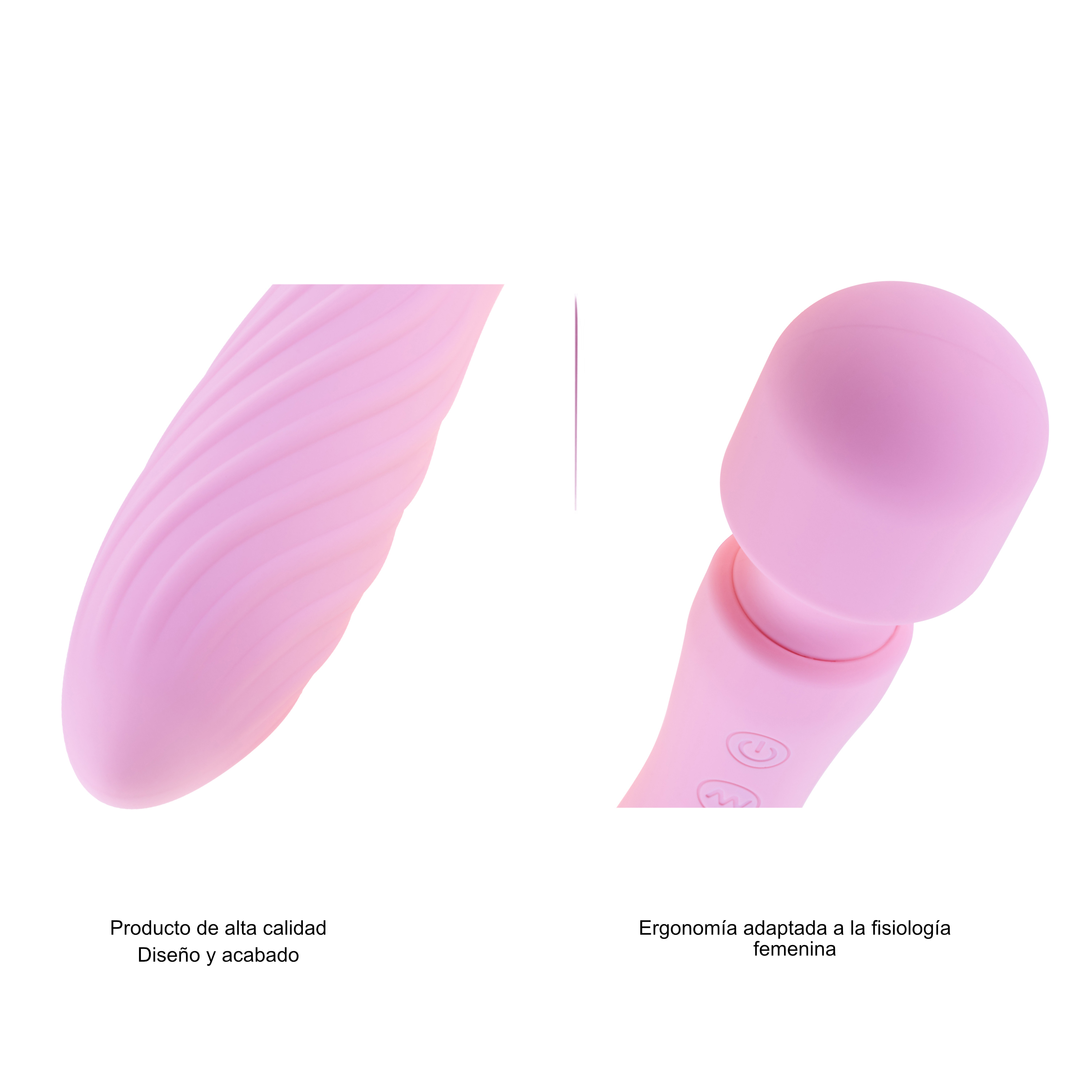 Dos juguetes sexuales rosas. Uno tiene un diseño acanalado y el otro una cabeza redondeada. Fondo blanco.