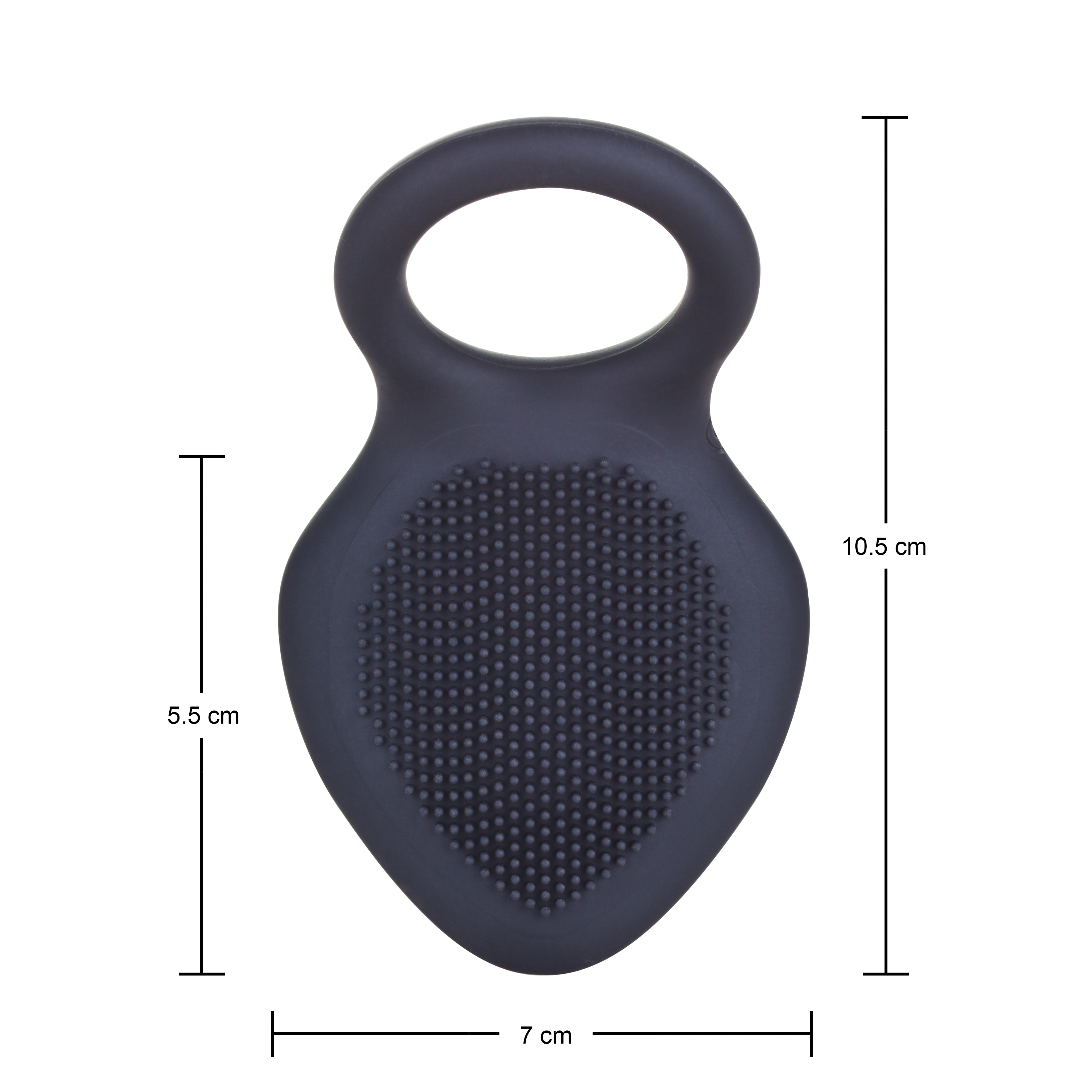 Vibrador negro en forma de anillo, mostrando dimensiones: 5.5cm, 7cm y 10.5cm.