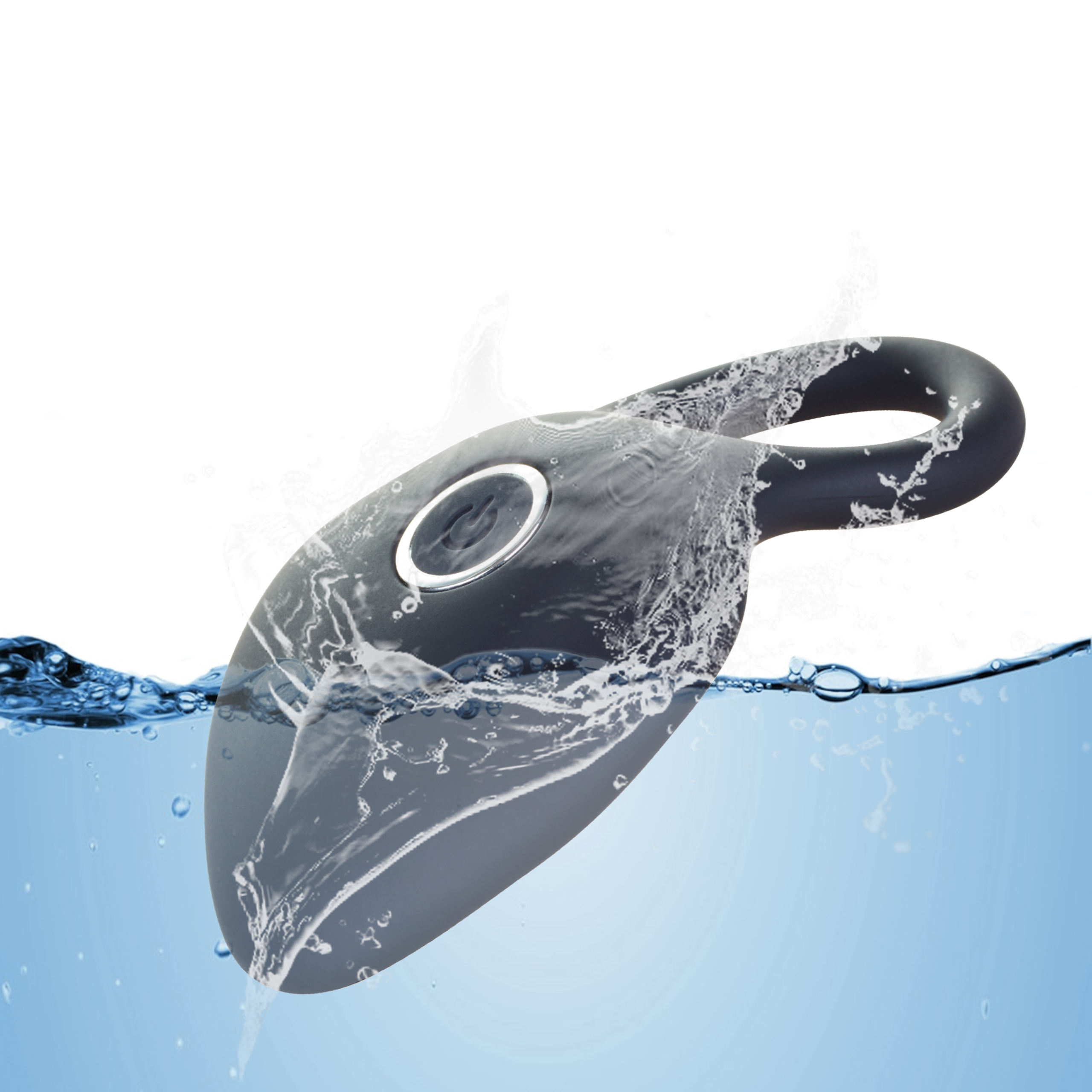 Vibrador gris sumergido en agua, con salpicaduras alrededor.