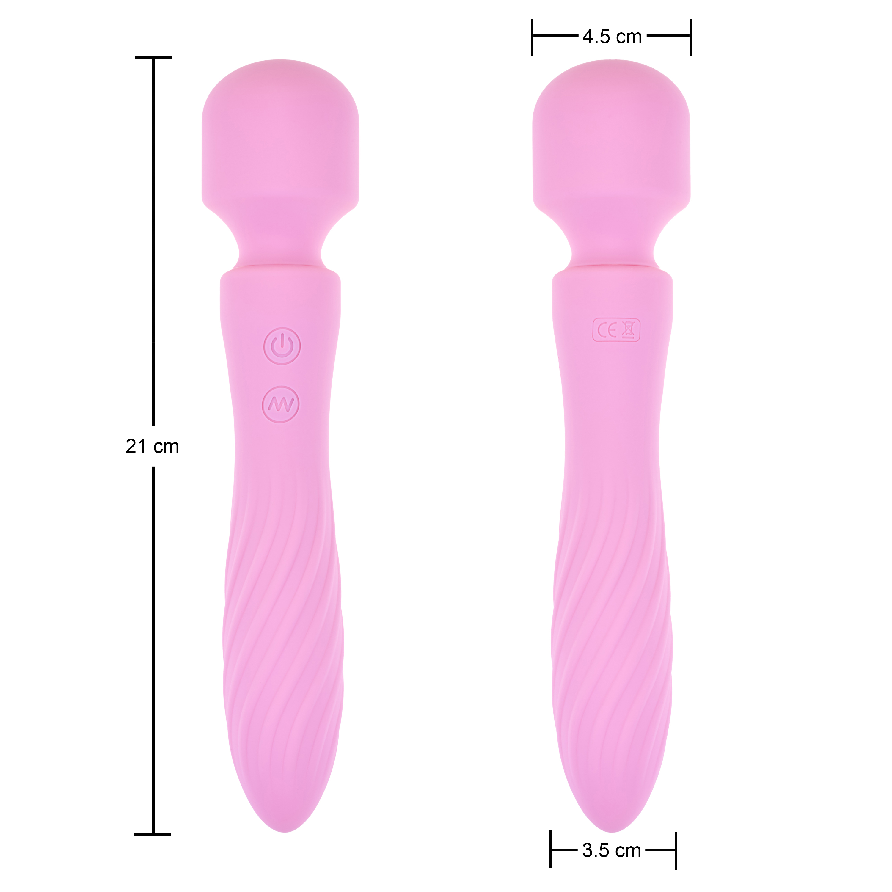 Dos masajeadores de varilla rosa, 21 cm de largo, 3,5 cm de ancho y 4,5 cm de ancho. Fondo blanco con dimensiones.