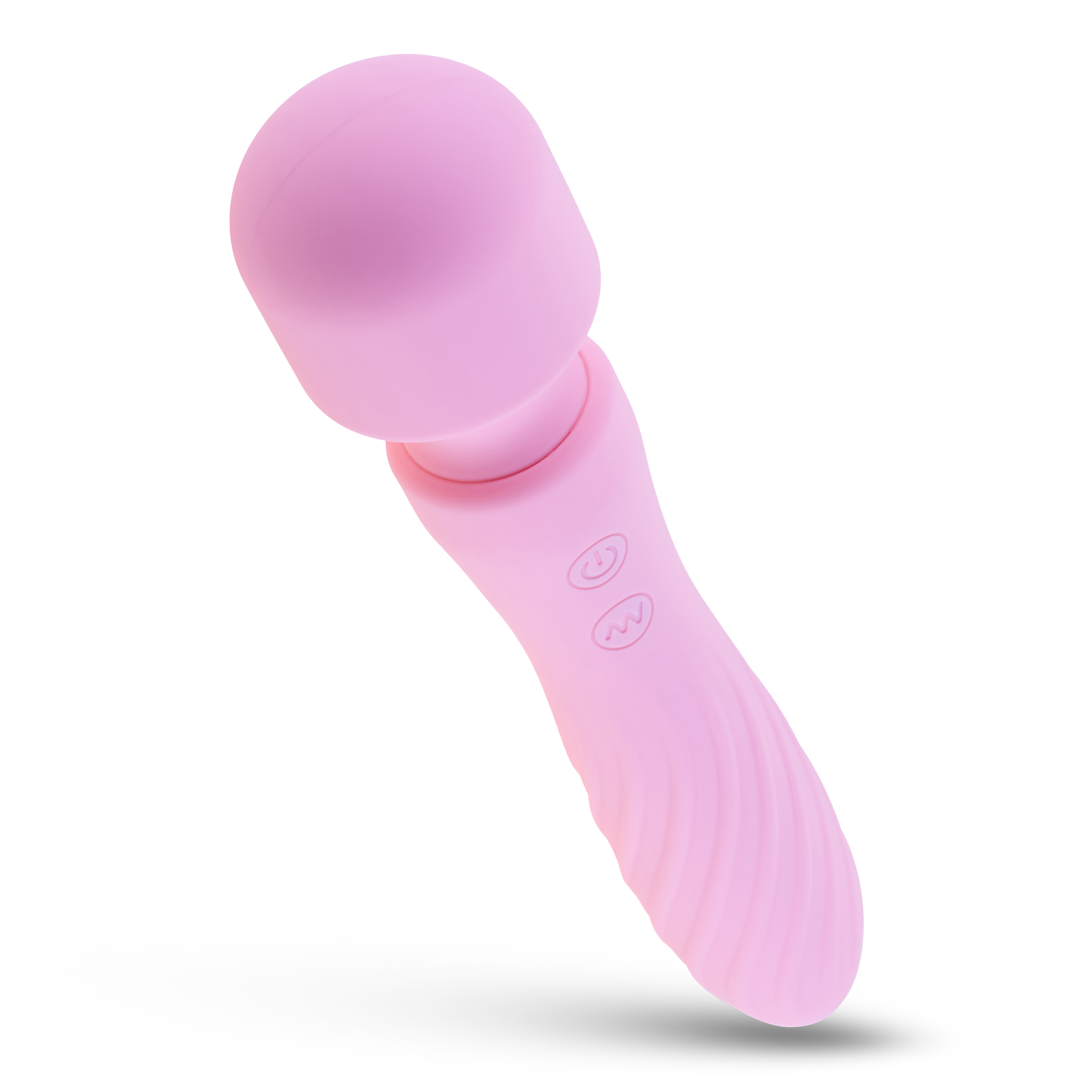 Un vibrador rosa sobre un fondo blanco, inclinado ligeramente hacia la derecha. El diseño es elegante y moderno.
