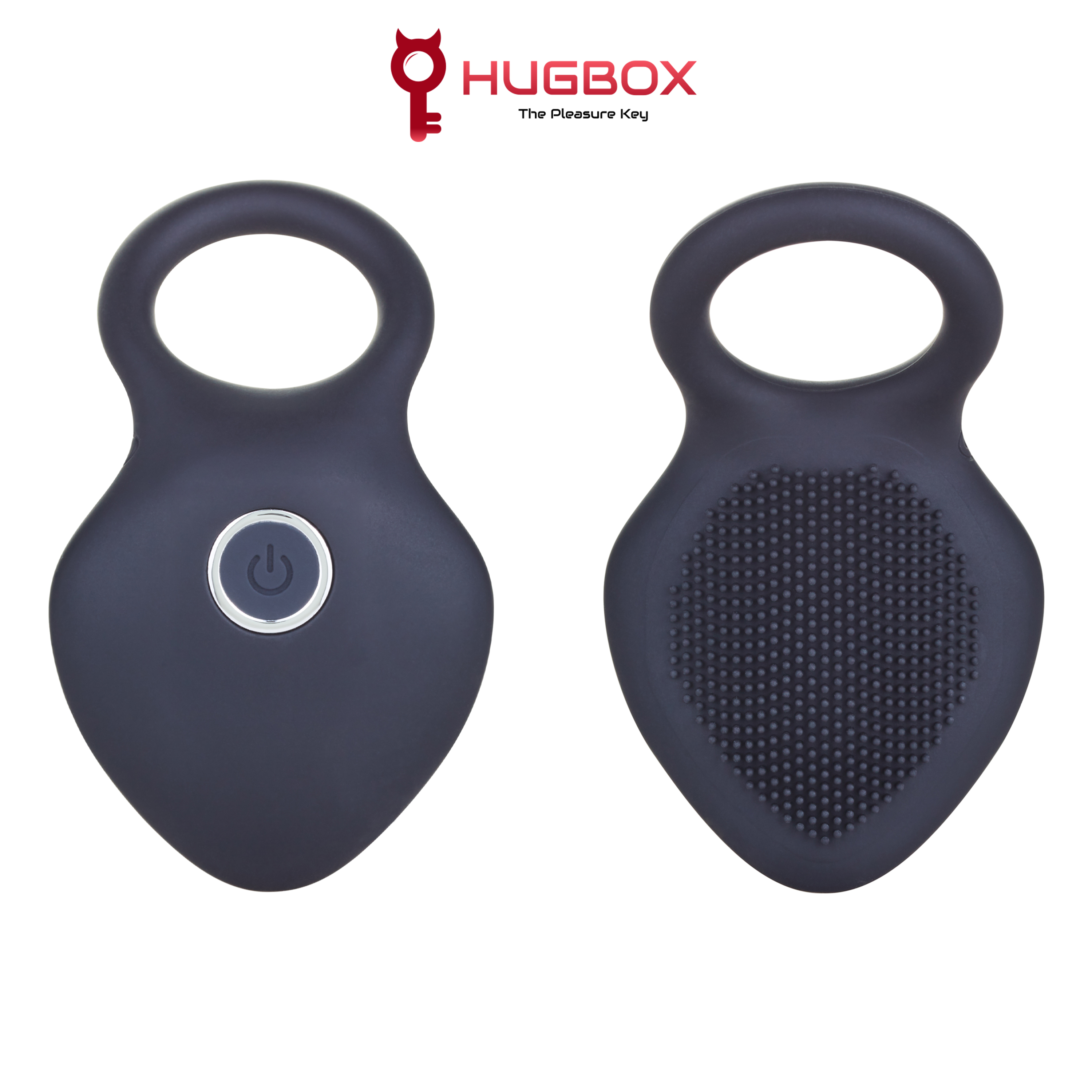 Un vibrador negro con asa y superficie texturizada. El logo está en la parte superior.