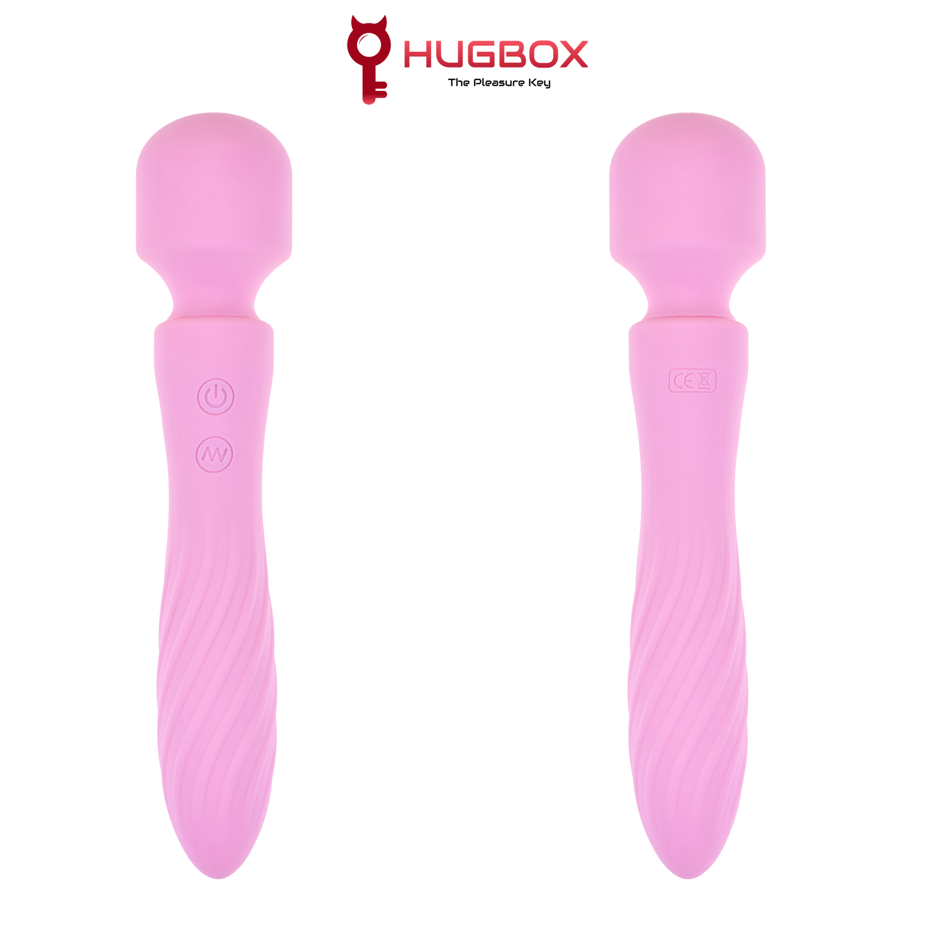 Dos vibradores rosas sobre un fondo blanco. El logo "HUGBOX" está en el centro superior.