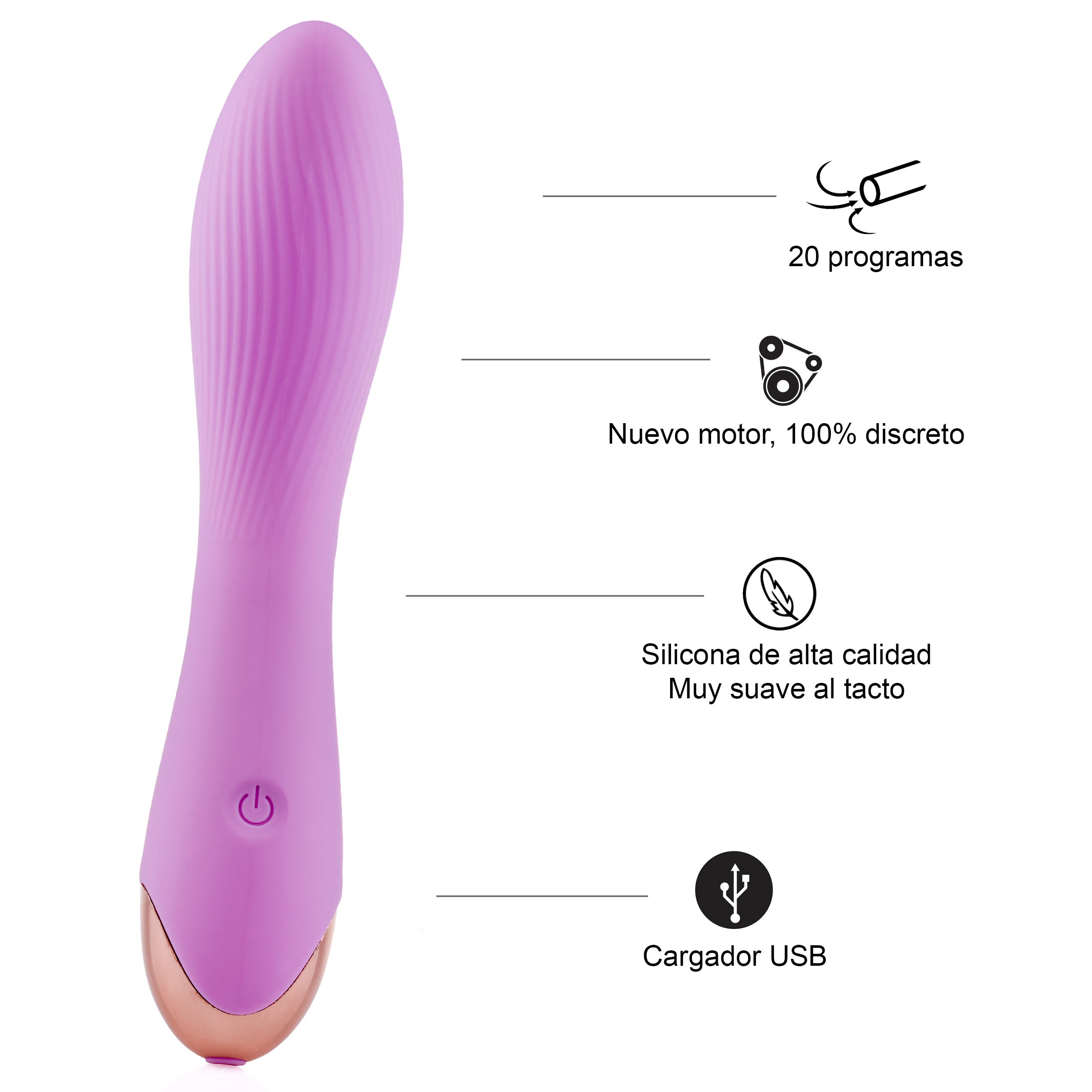 Un vibrador morado con detalles dorados y texto que describe sus características.