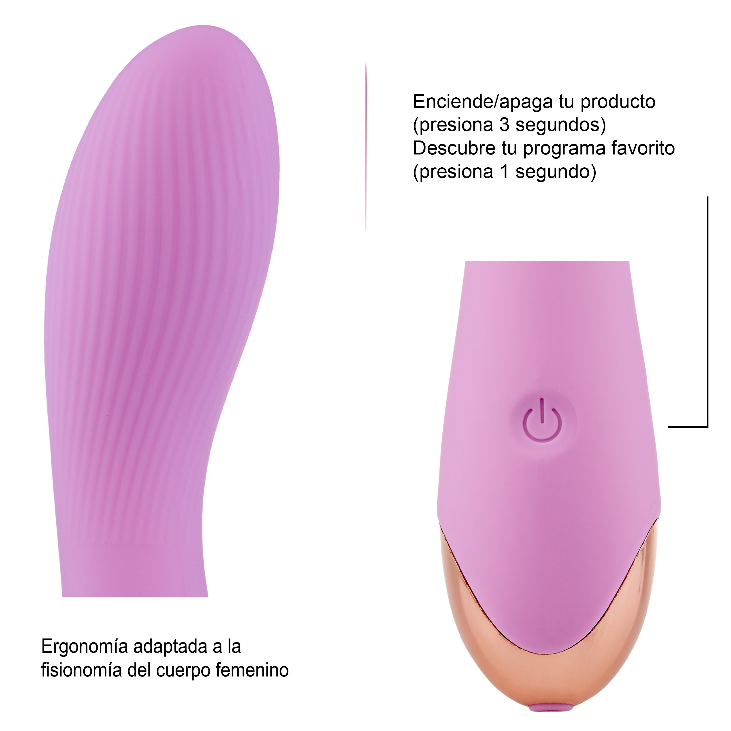 Dos partes de un vibrador morado. Texto en español explica sus funciones.