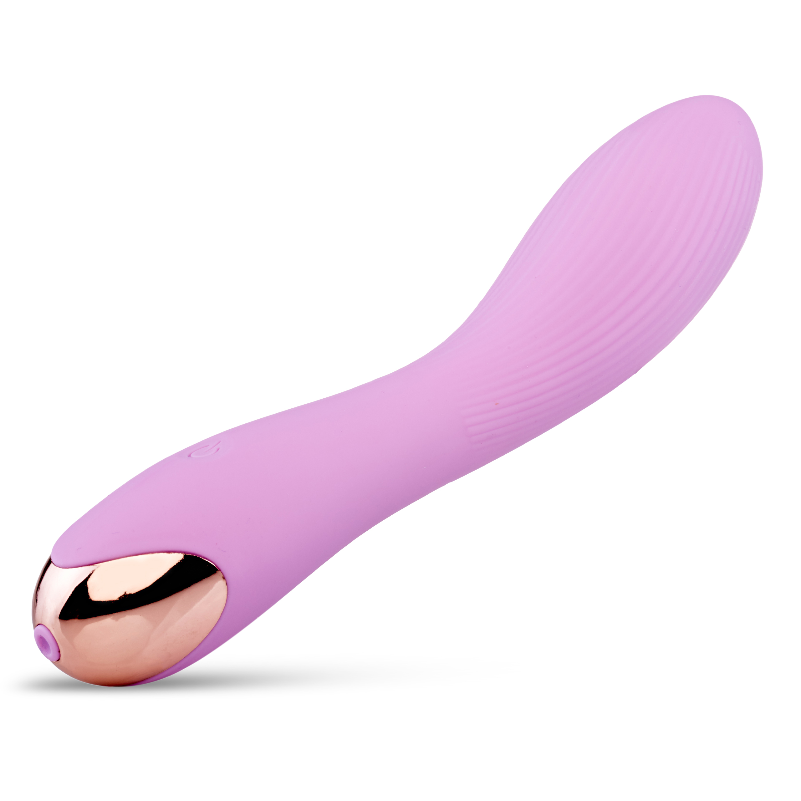 Un vibrador rosa con punta dorada. Curvado y con estrías. El fondo es blanco.