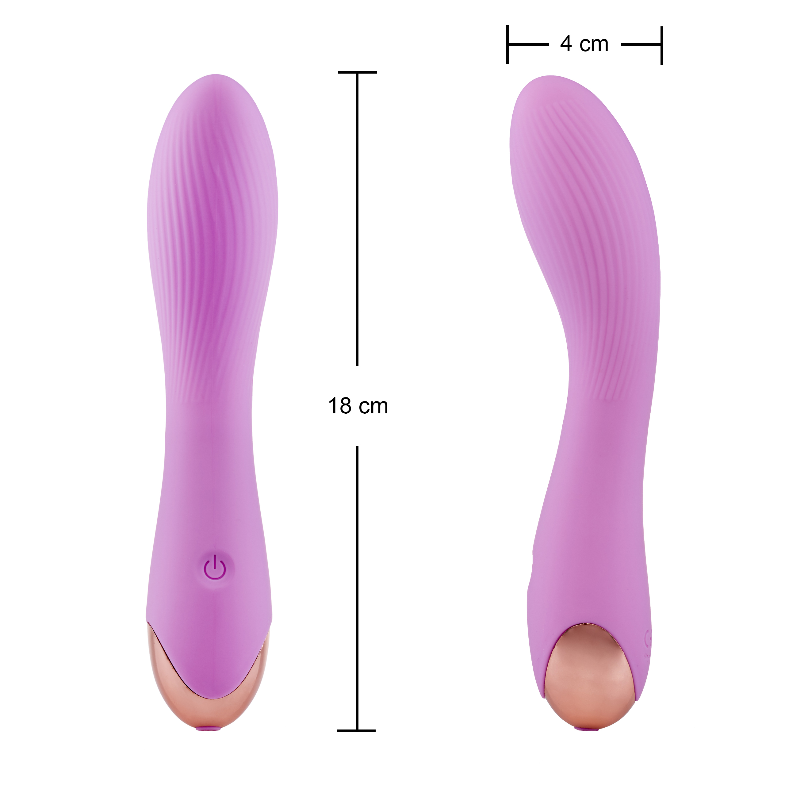 Dos imágenes de un vibrador rosa, se incluyen las dimensiones.