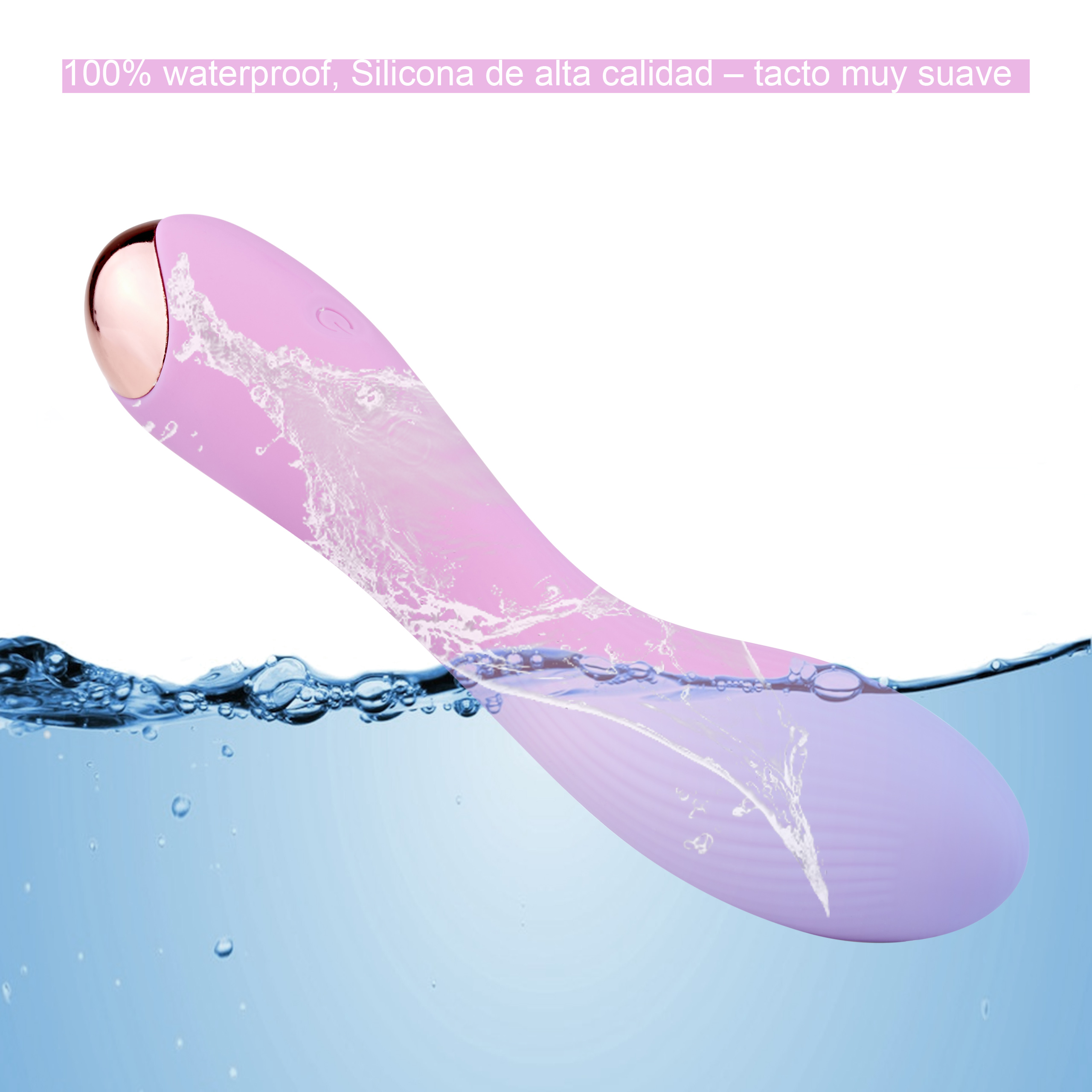 Un vibrador morado en agua, con texto sobre ser 100% resistente al agua.