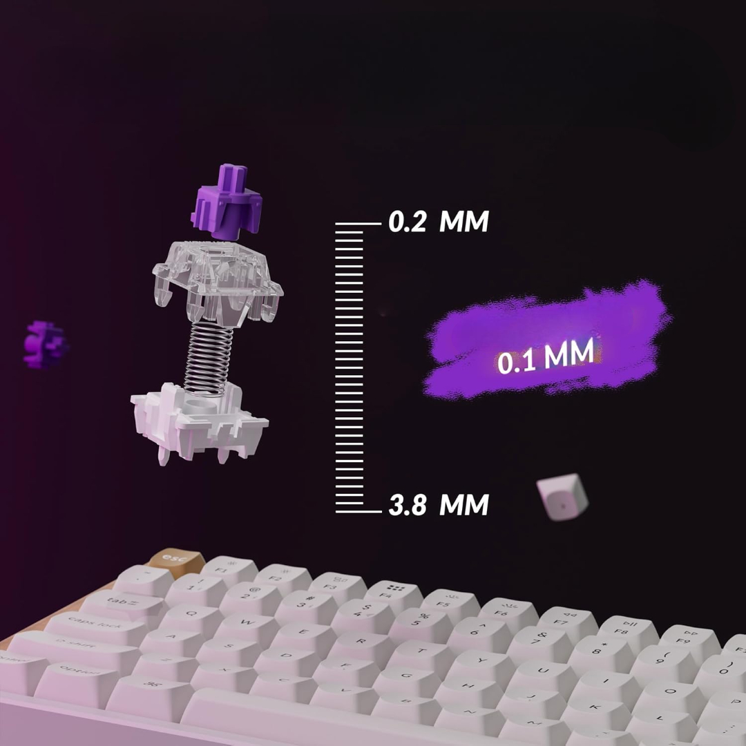 Przełącznik klawiatury mechanicznej z fioletowym klawiszem i sprężyną. Wymiary: 0,2, 0,1 i 3,8 mm.