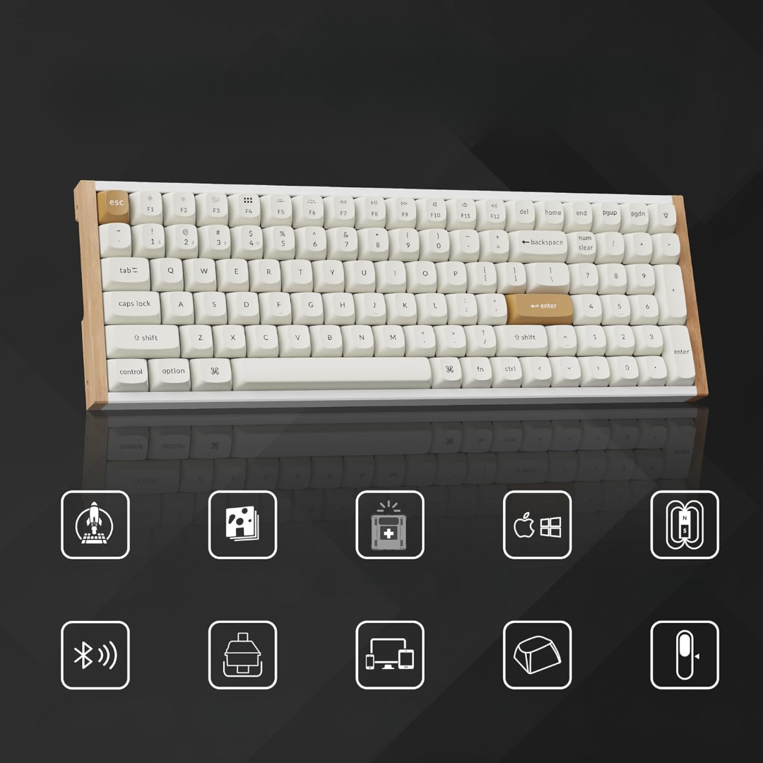 Klawiatura z ikonami na klawiszach. Klawiatura ma drewniane akcenty i białą podstawę.