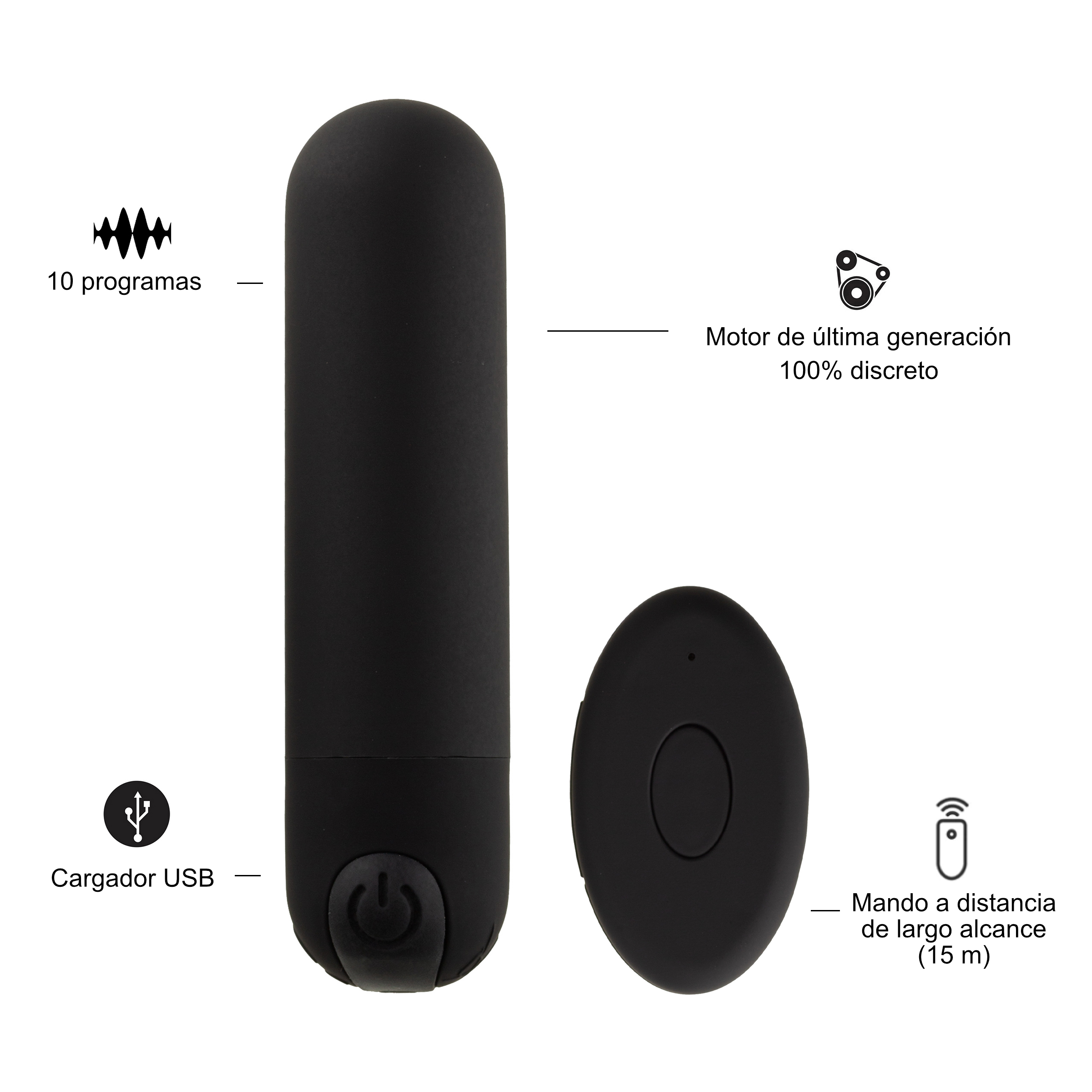Vibrador y mando a distancia negros. También hay un cargador USB y otras etiquetas de texto.