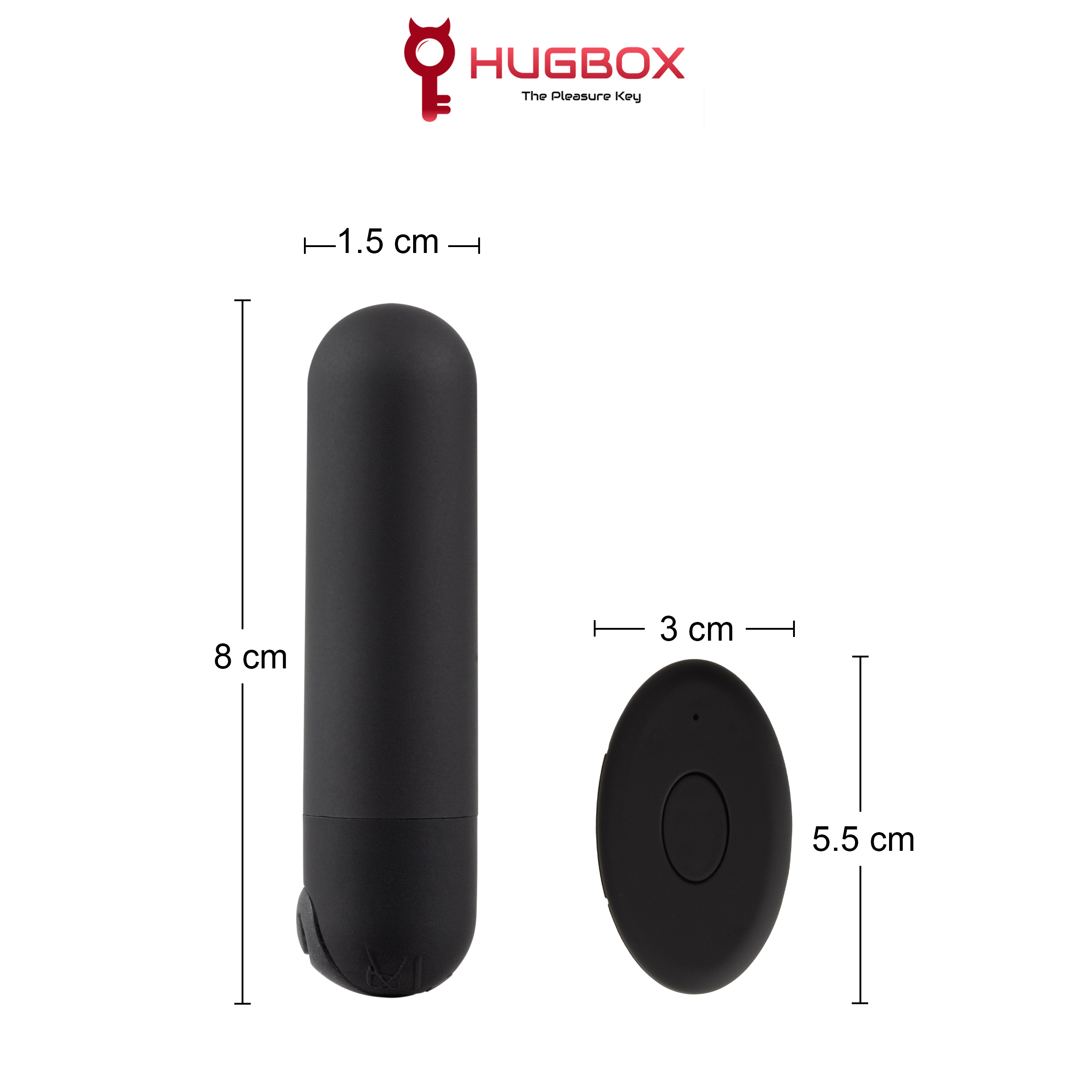 Vibrador negro con dimensiones: 8 cm largo, 1,5 cm ancho y 3 cm ancho del controlador, 5,5 cm alto.