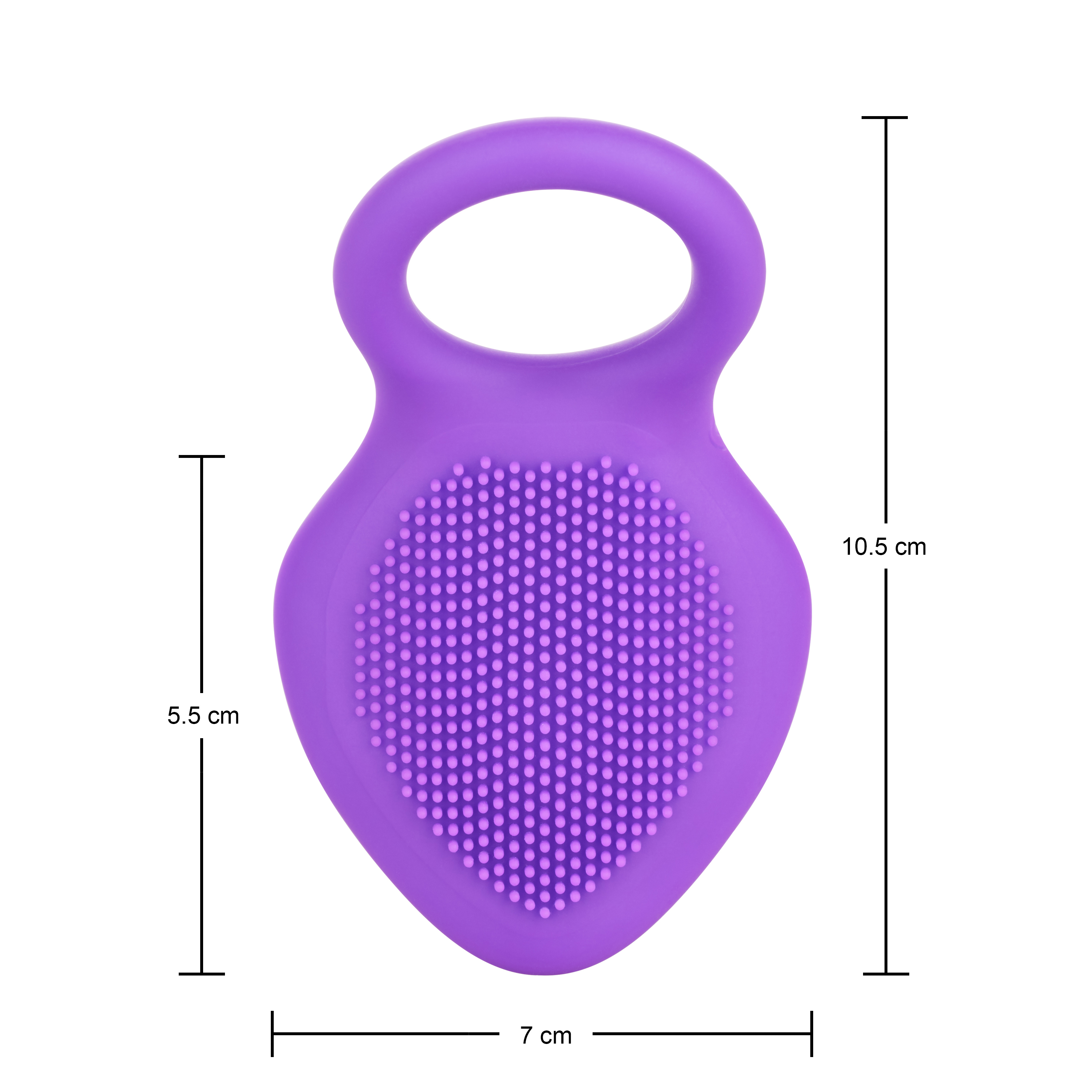 Dispositivo de limpieza facial morado con medidas. Tiene asa y superficie texturizada.