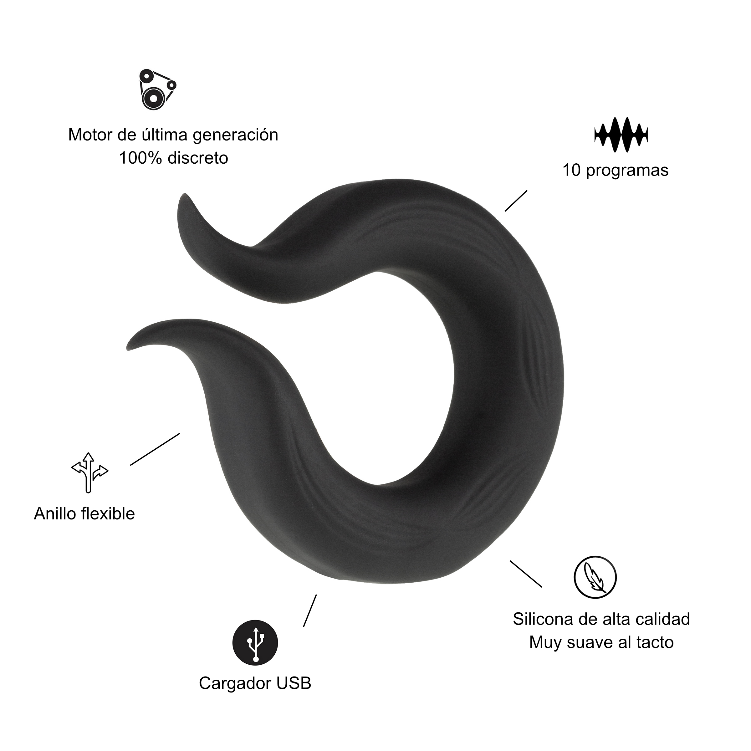 Un juguete sexual negro con diseño curvo y etiquetas de texto. Incluye un cargador USB y un anillo flexible.