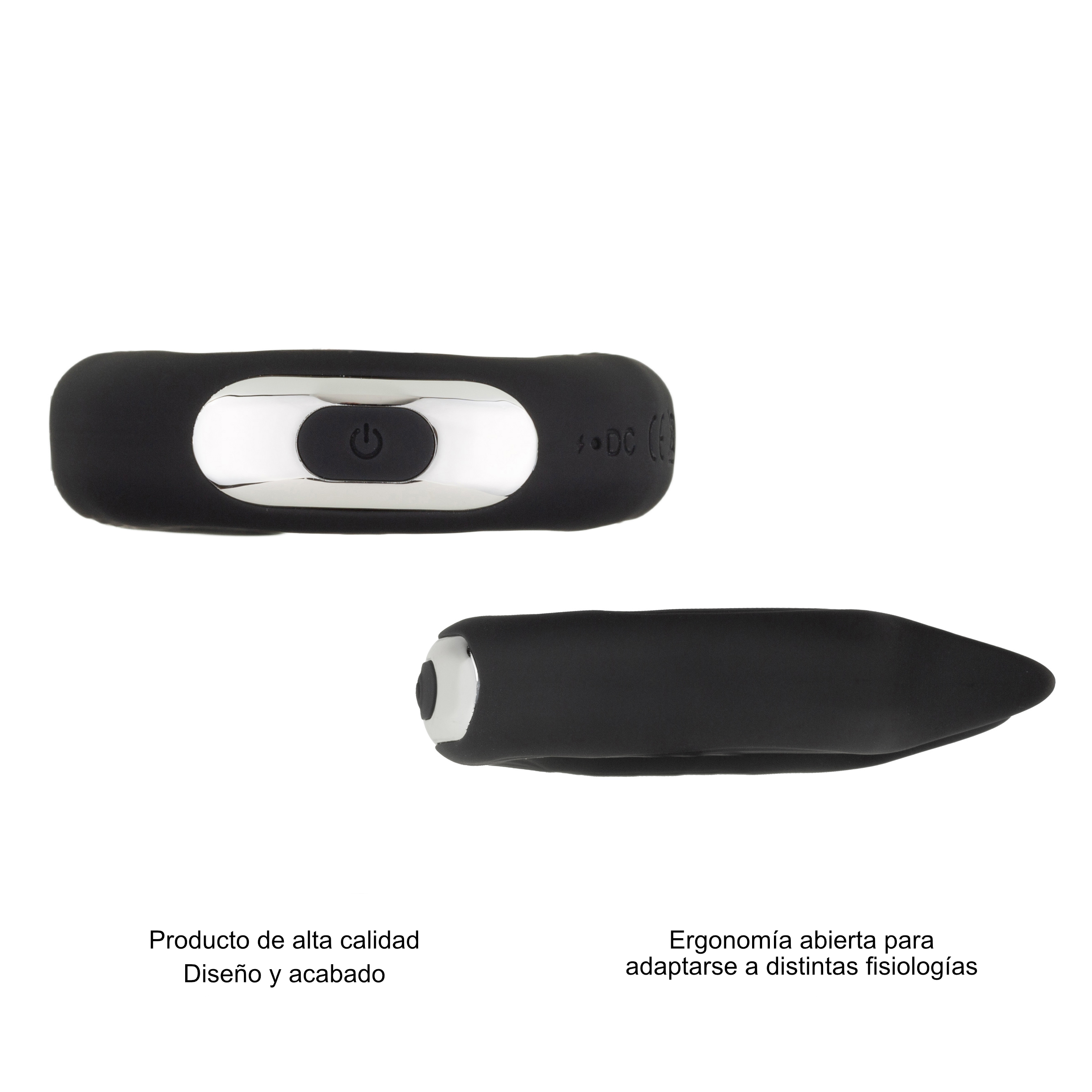 Juguete sexual negro en vista superior y lateral. Textos: Producto de alta calidad, Ergonomía abierta.