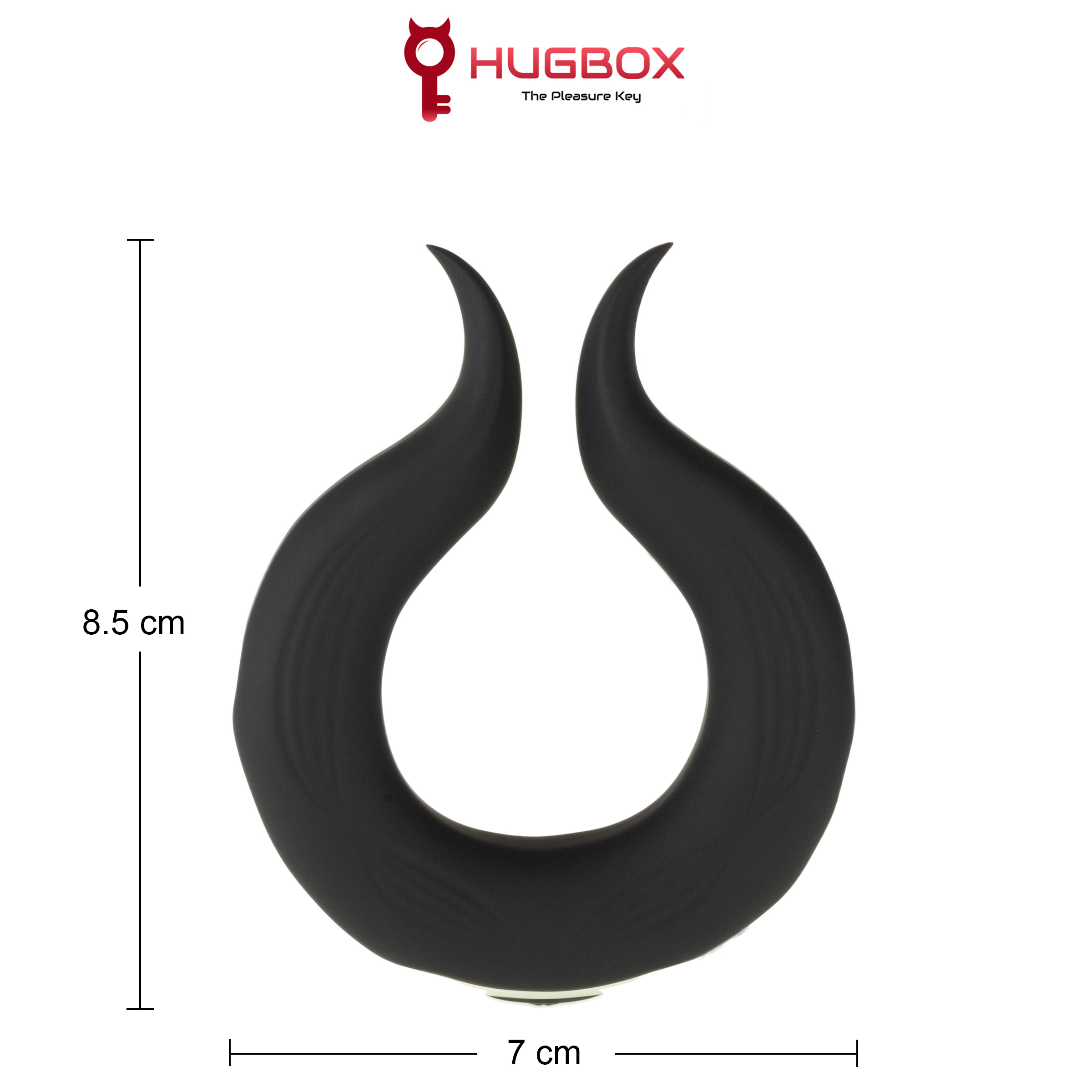 Un juguete sexual negro con diseño curvo. Tiene una longitud de 8,5 cm y un ancho de 7 cm.