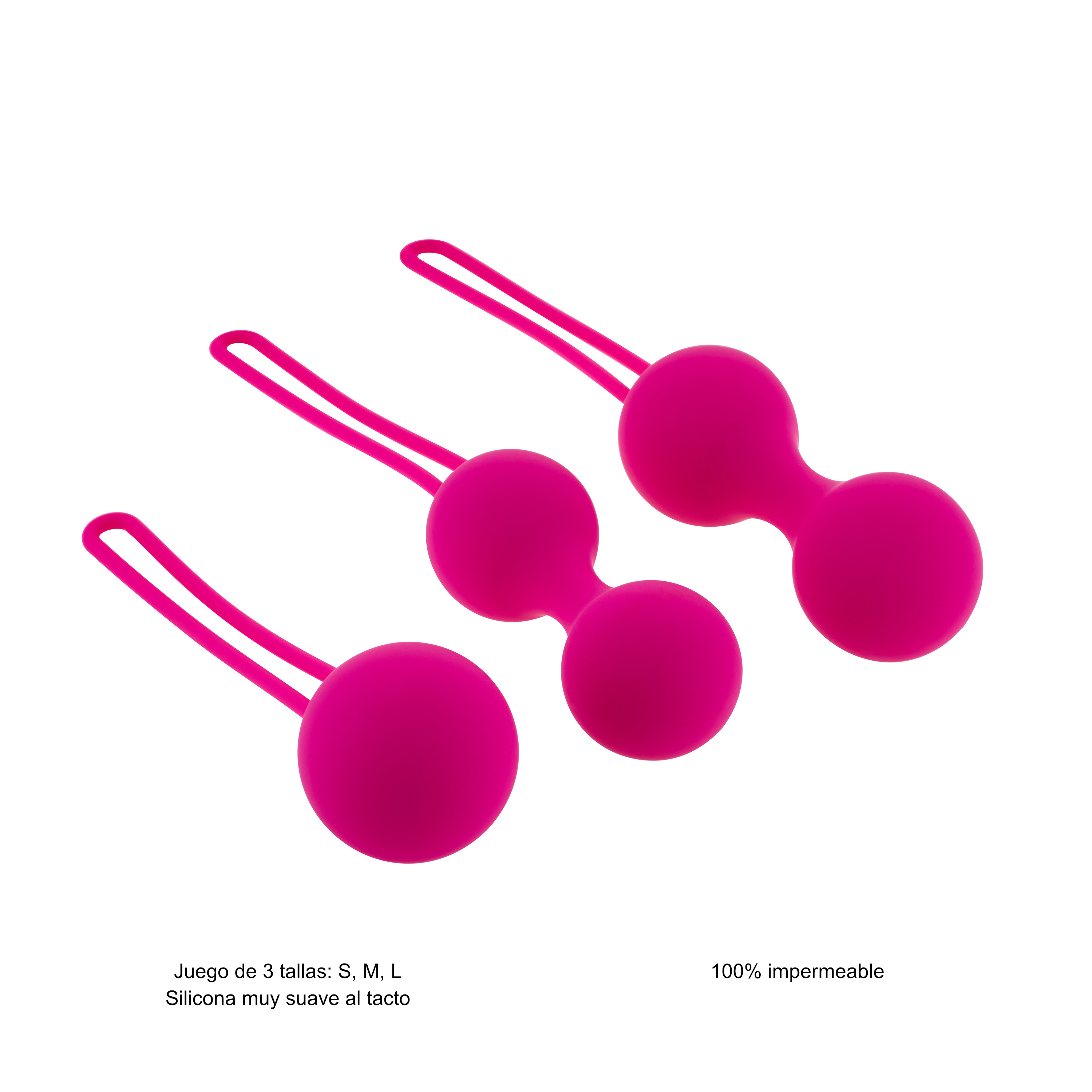 Tres juguetes sexuales rosas con diseño de doble bulbo y asa de cuerda, con etiquetas de texto en la parte inferior.