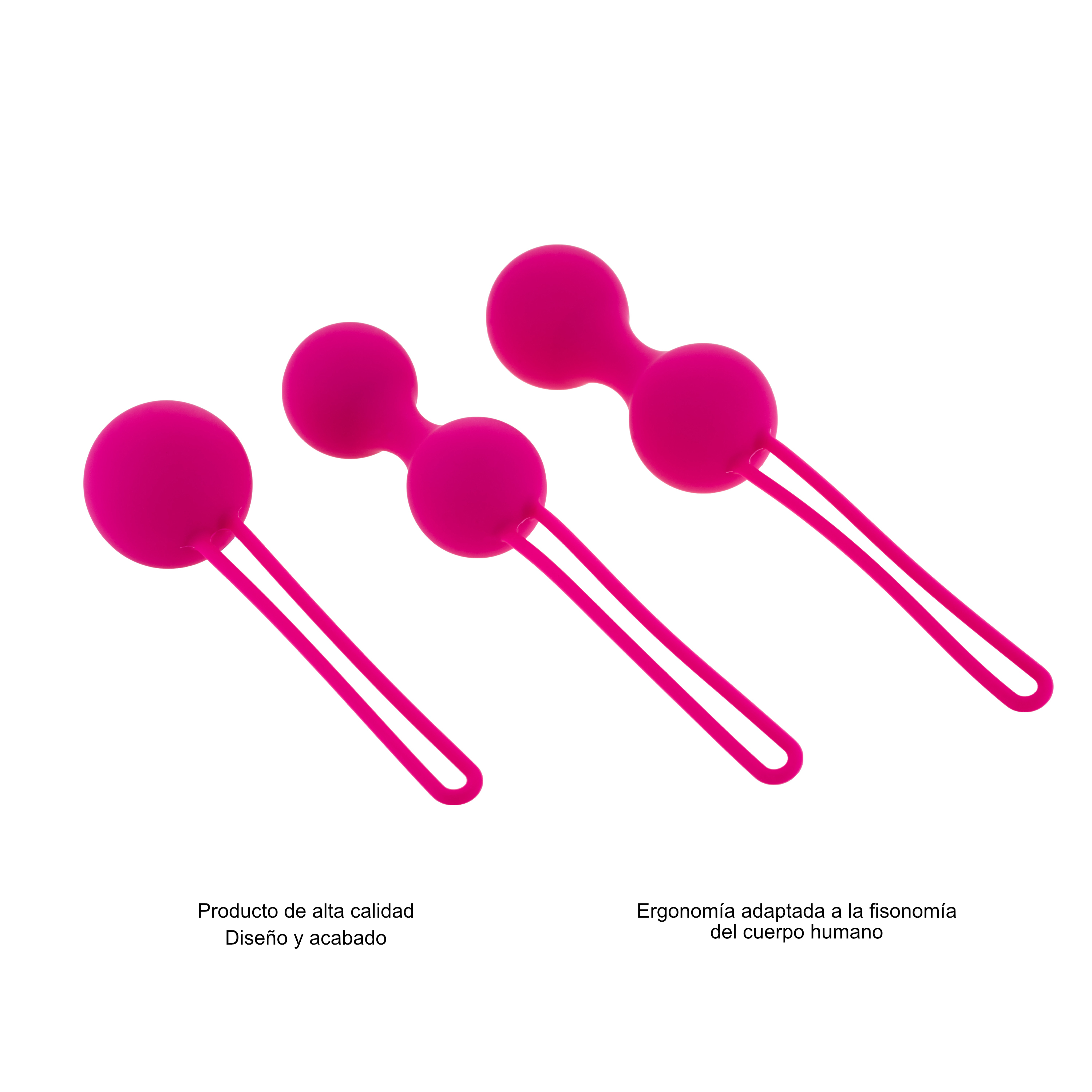 Tres juguetes sexuales rosas con diseño de doble bulbo y asa de cuerda, con texto debajo.