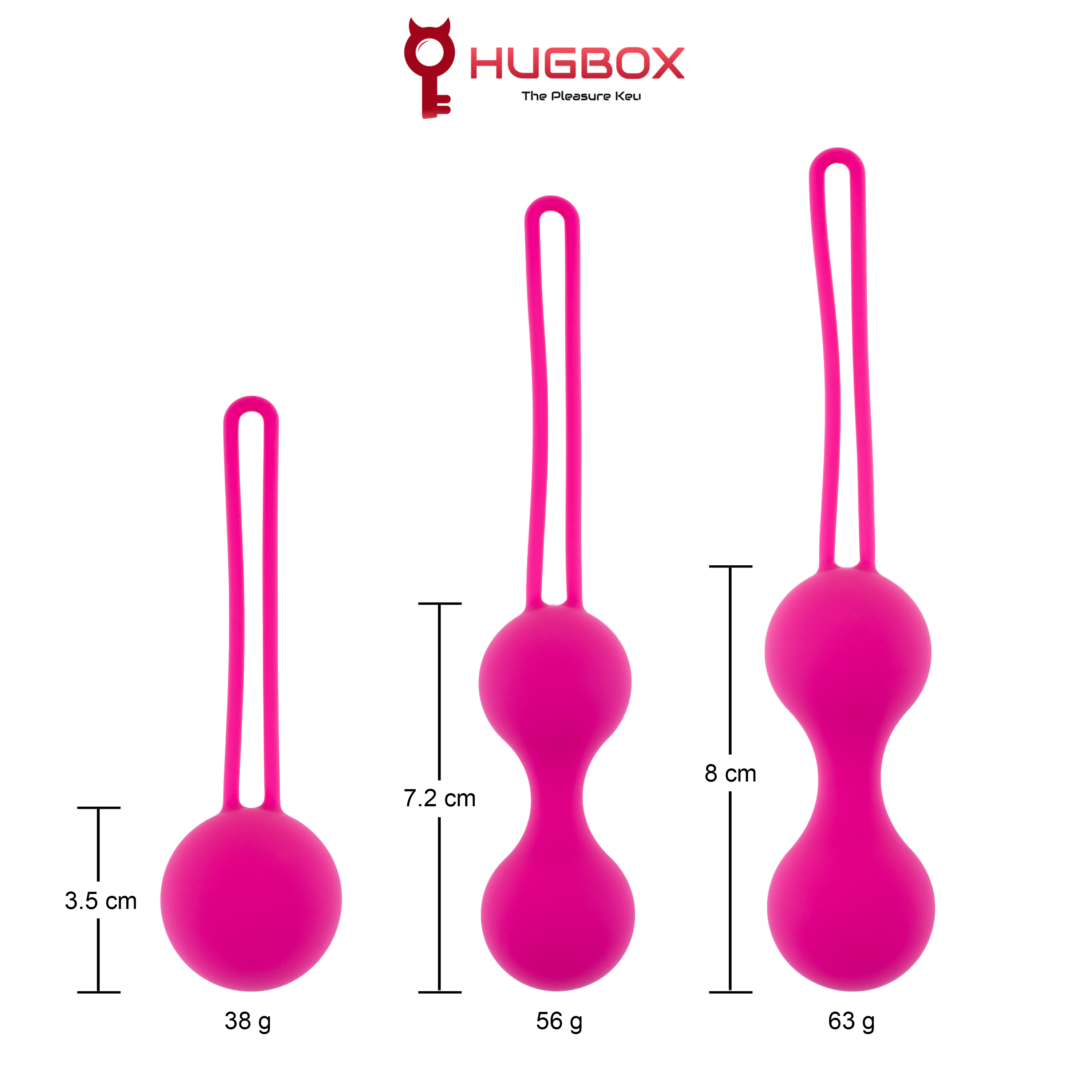 Tres bolas anales rosas de tamaño creciente. Se proporcionan medidas. Un logotipo de 'Hugbox' es visible en la esquina superior derecha.