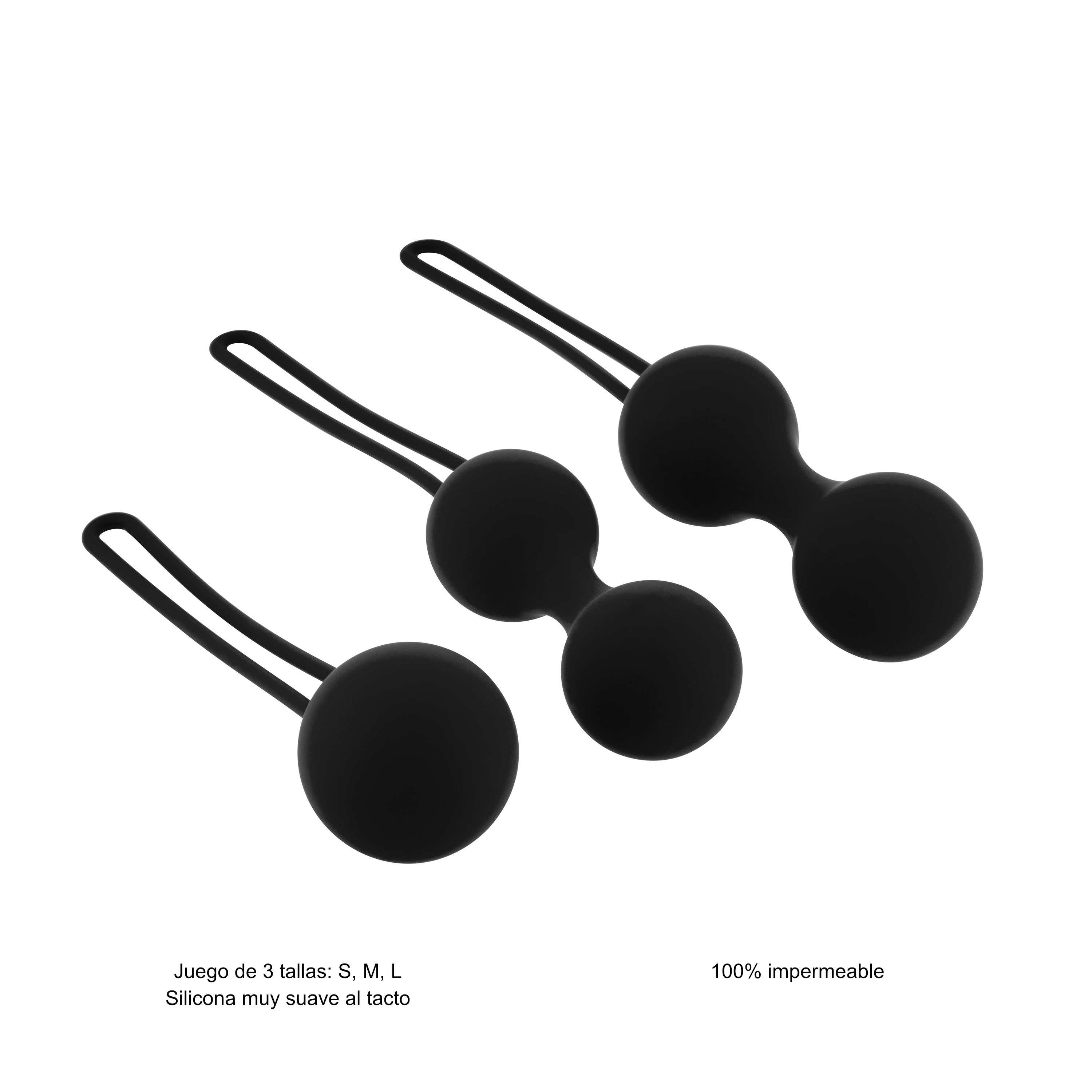 Tres bolas anales de silicona negra de diferentes tamaños con una cuerda negra. Texto inferior: 'S. M. L.'.