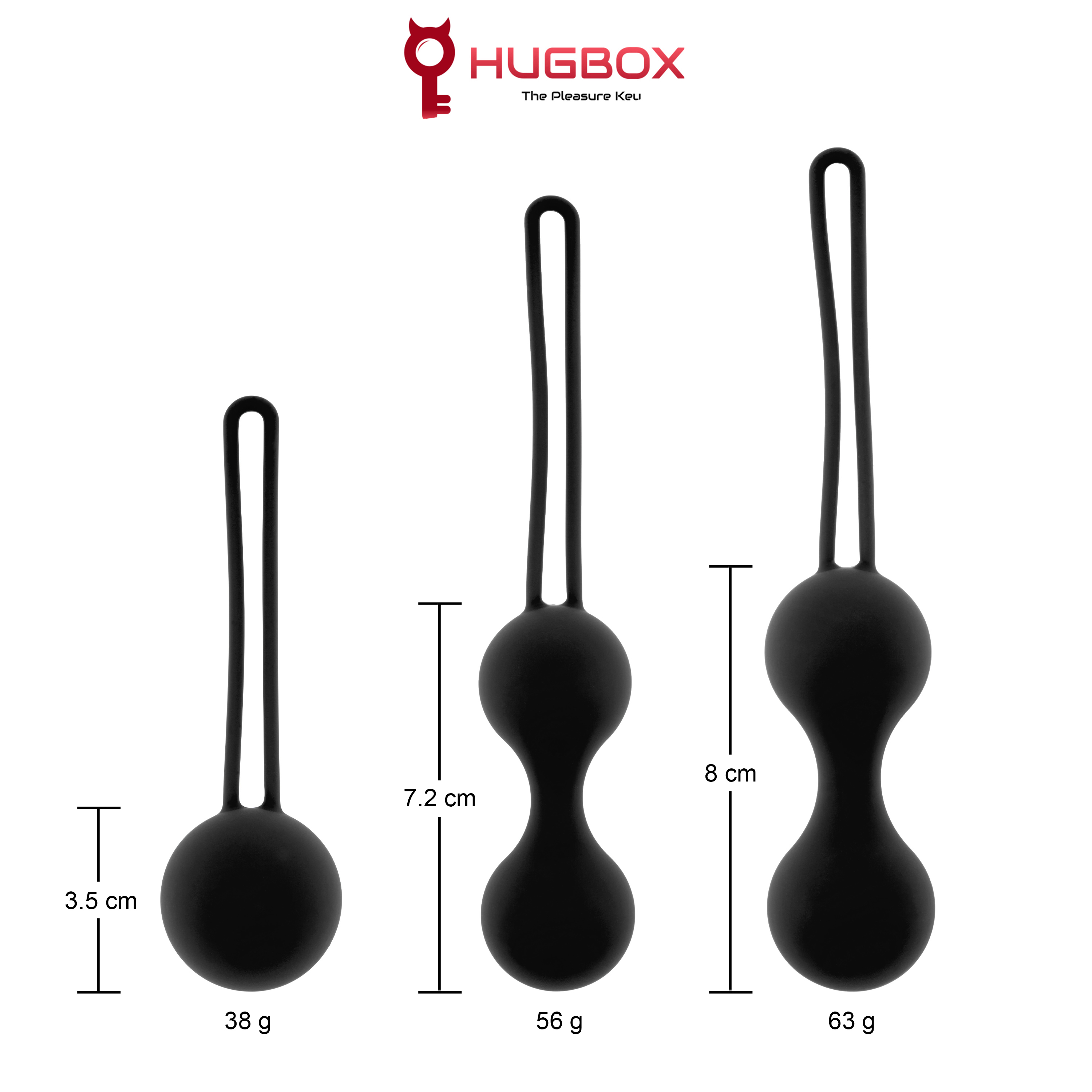 Tres bolas anales negras de diferentes tamaños con cuerdas negras. Medidas incluidas. El logotipo de Hugbox es visible.
