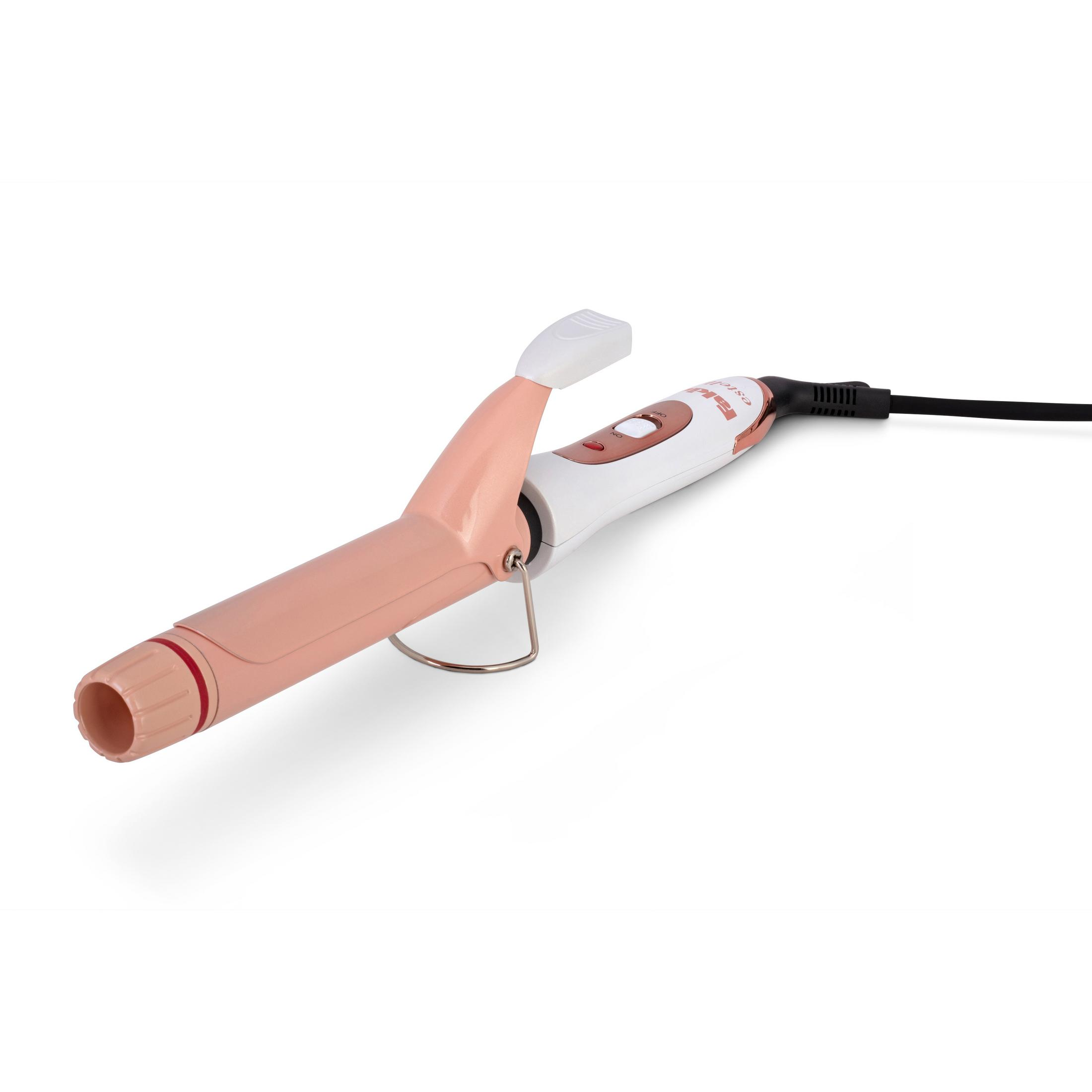 Ein rosa und weißer Lockenstab auf weißem Hintergrund, mit einem schwarzen Netzkabel.
