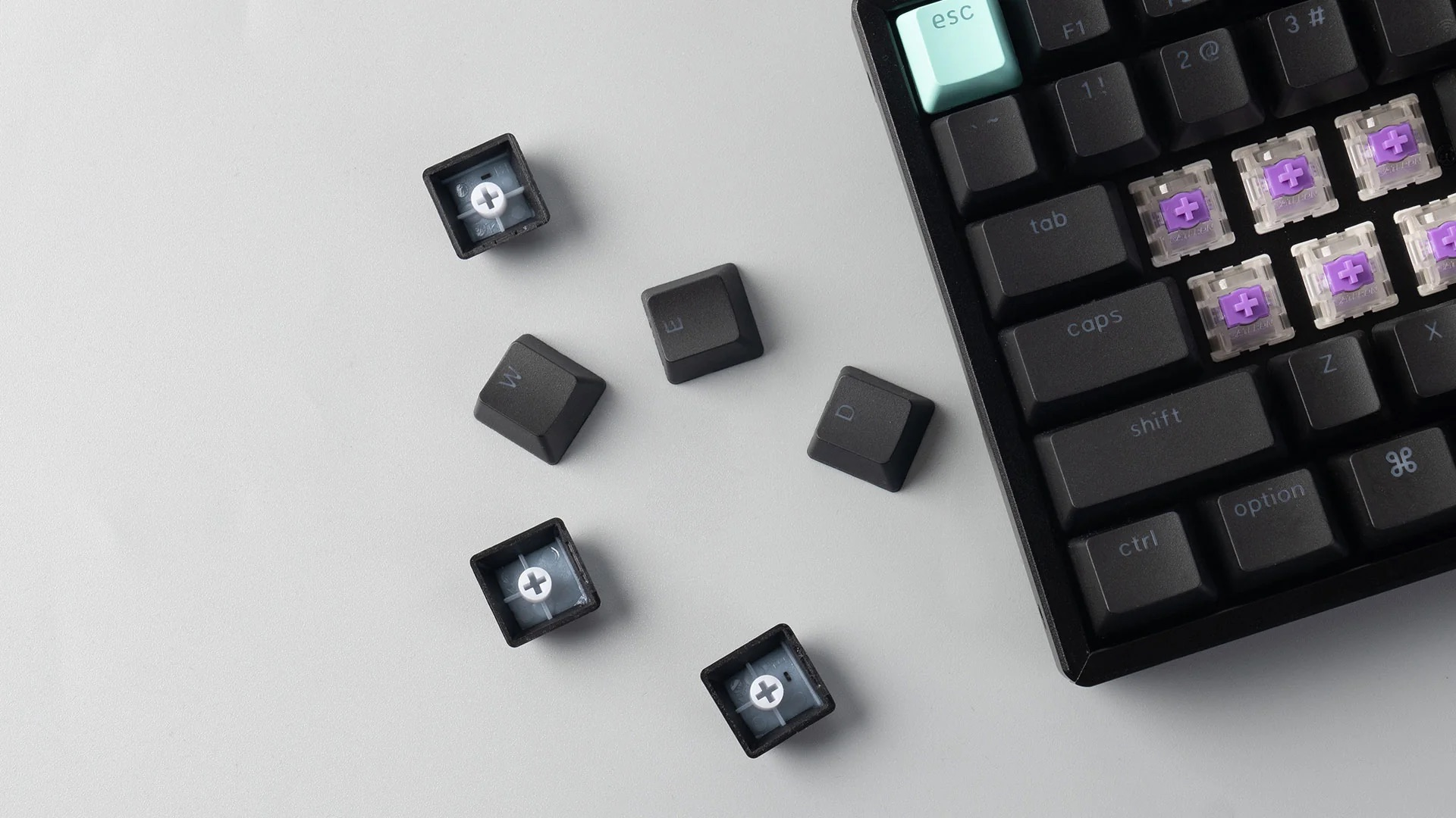 Klawiatura z usuniętymi i zdemontowanymi klawiszami. Widoczne nakładki i przełączniki.