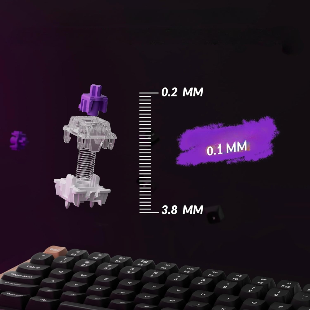Dettaglio dell'interruttore della tastiera. Viene mostrato un interruttore viola. Vengono visualizzate le misure dell'interruttore.