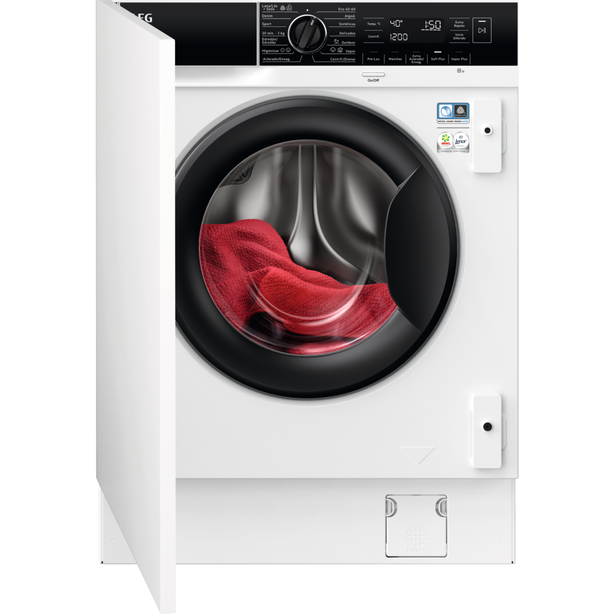 Eine weiße Waschmaschine mit teilgeöffneter Tür, rote Kleidung innen.
