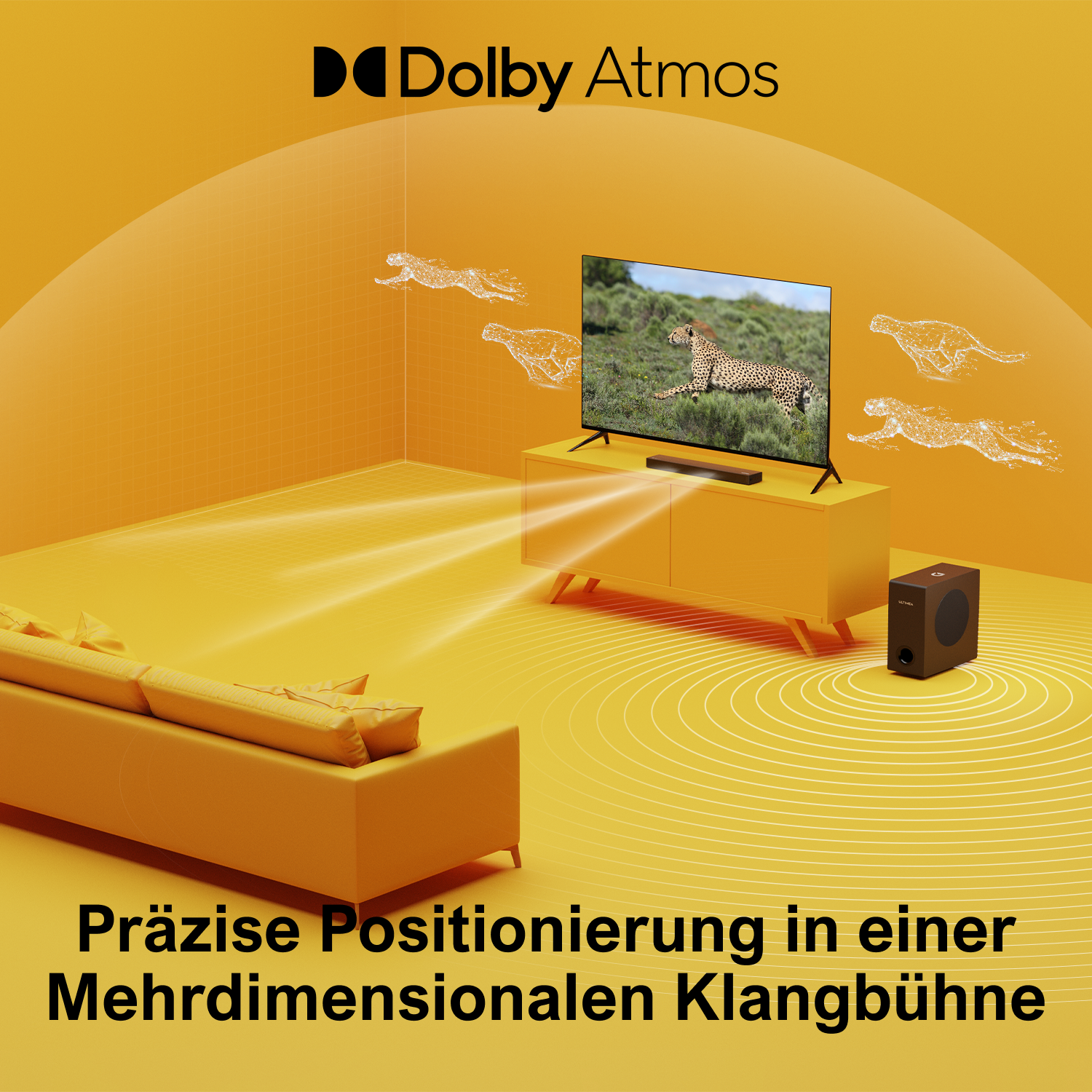 Ein Raum in Gelbtönen, Sofa, TV, Soundbar und Subwoofer, mit Zeichnungen von Geparden in der Luft.