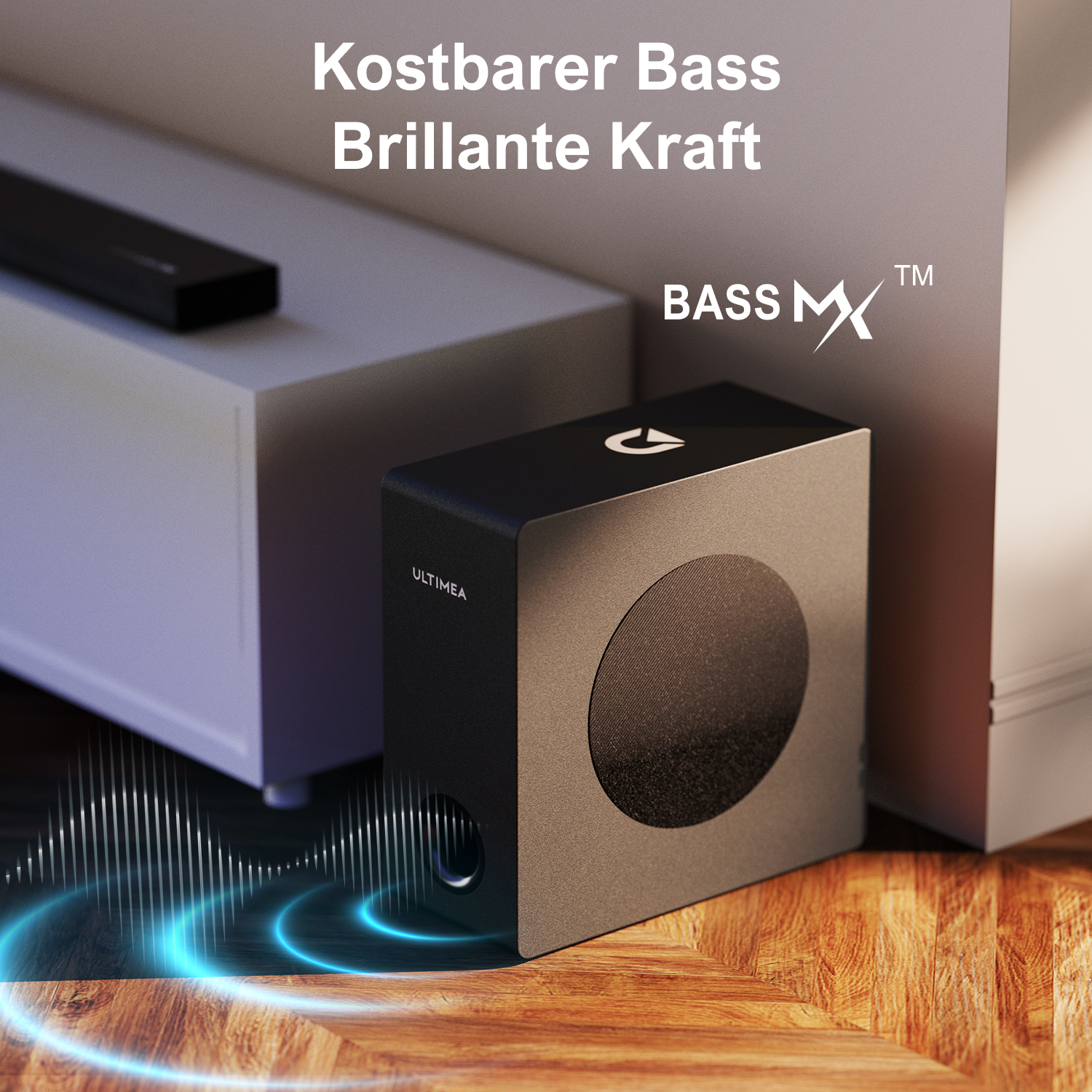 Ein Subwoofer und eine Soundbar, mit einer Schallwellen-Grafik, in der Nähe einer Wand und eines Holzbodens.