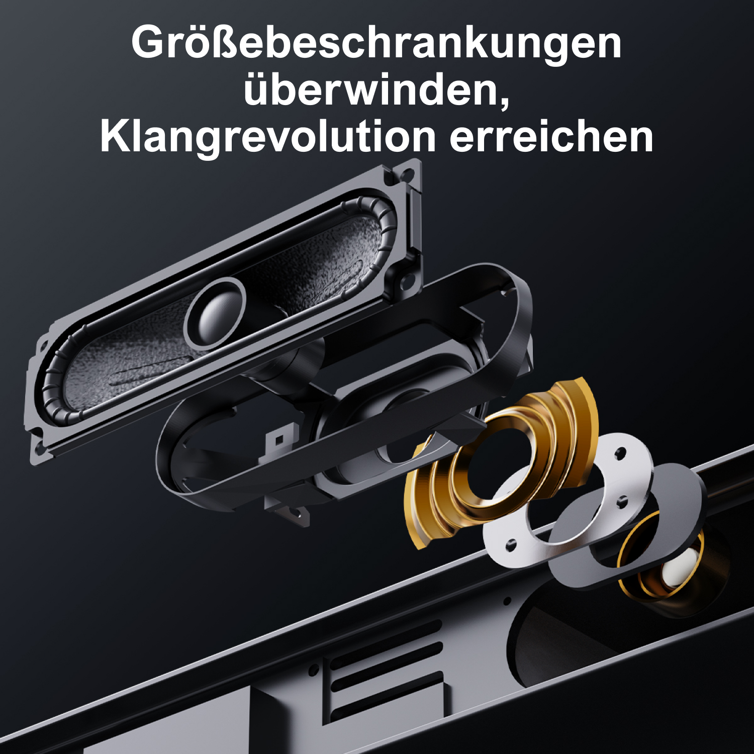 Explosionsansicht einer Soundbar mit Innenkomponenten, Lautsprechern, goldenen und silbernen Ringen.