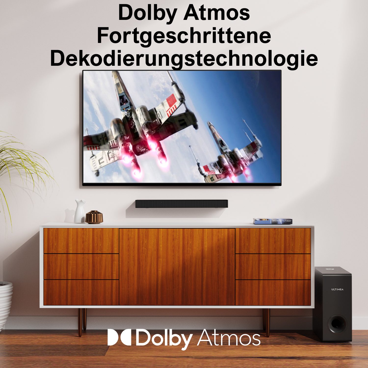 Ein TV-Bildschirm zeigt eine Star Wars-Szene mit Soundbar und Subwoofer auf dem Schrank.