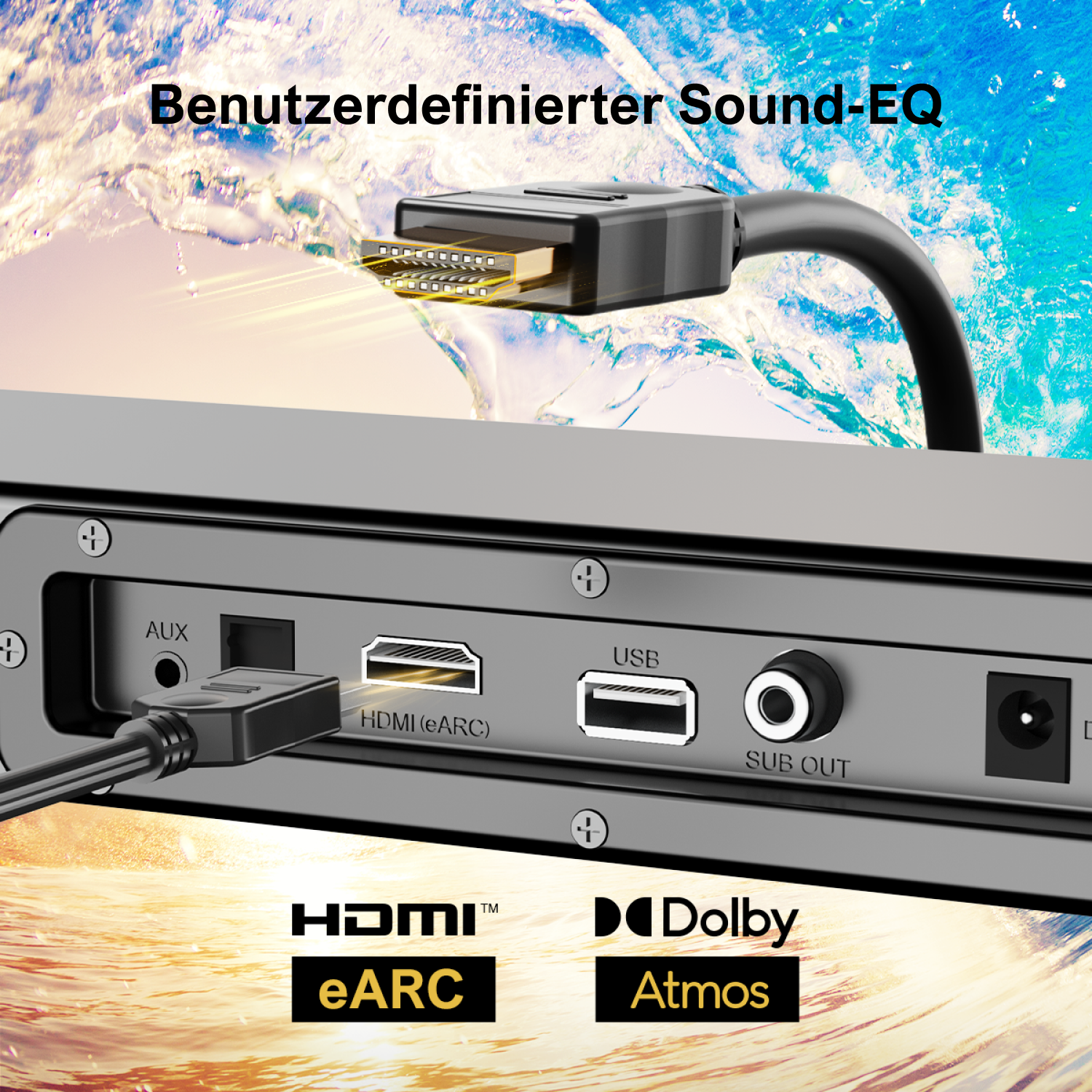Ein HDMI-Kabel, das in die Soundbar gesteckt ist, zeigt die Anschlüsse und das Dolby Atmos-Logo.